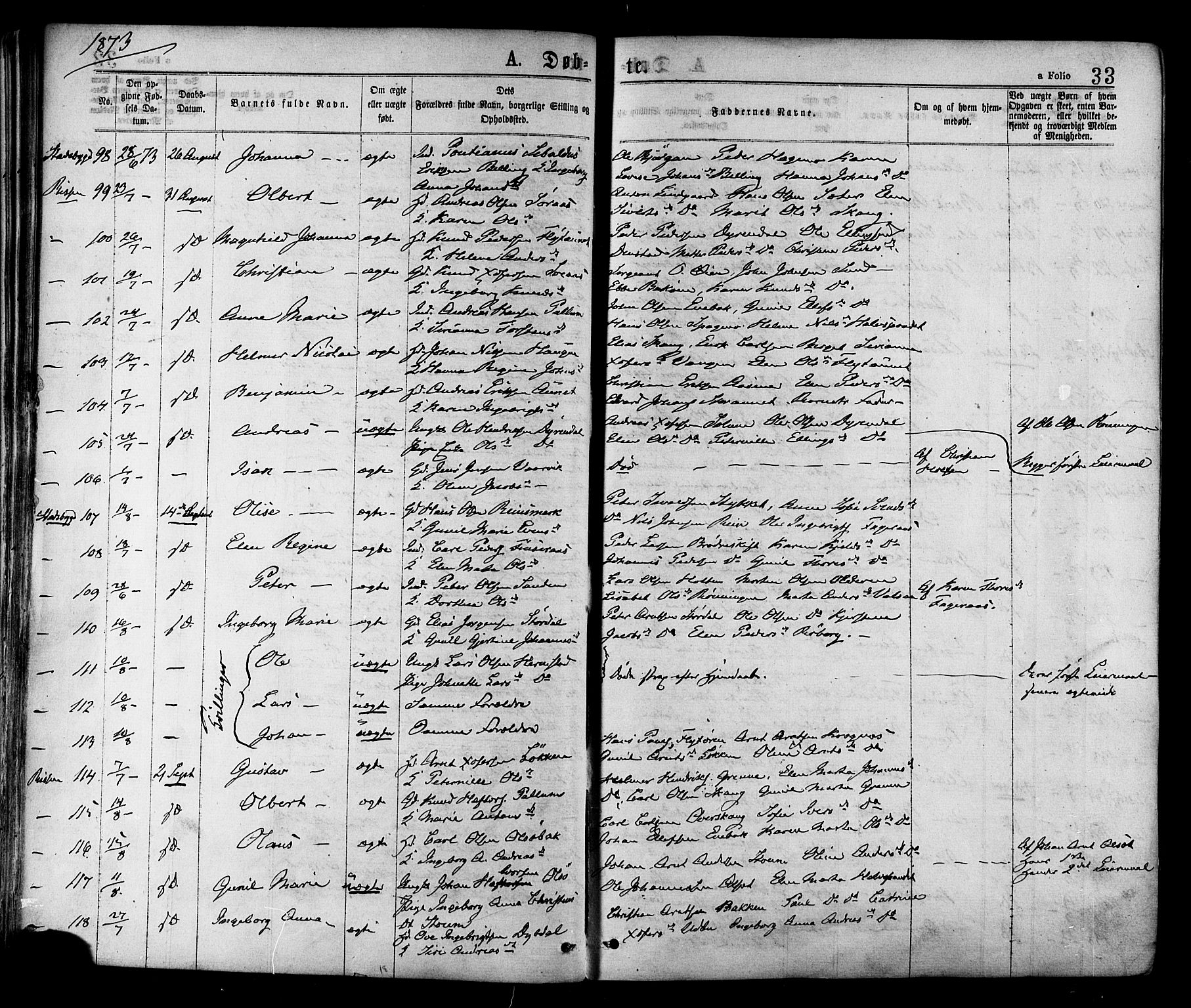 Ministerialprotokoller, klokkerbøker og fødselsregistre - Sør-Trøndelag, AV/SAT-A-1456/646/L0613: Parish register (official) no. 646A11, 1870-1884, p. 33