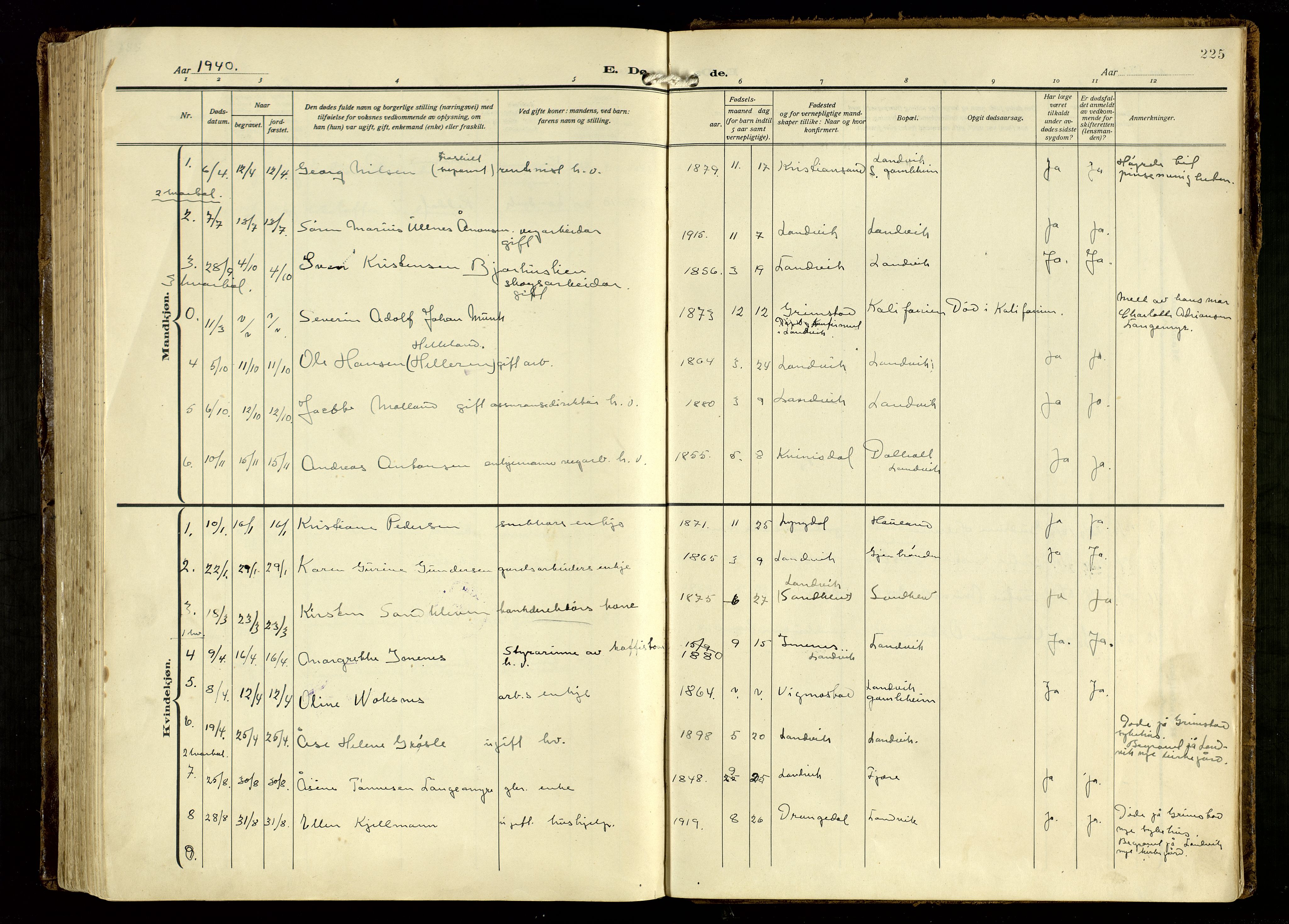 Hommedal sokneprestkontor, AV/SAK-1111-0023/F/Fa/Fab/L0008: Parish register (official) no. A 8, 1925-1956, p. 225