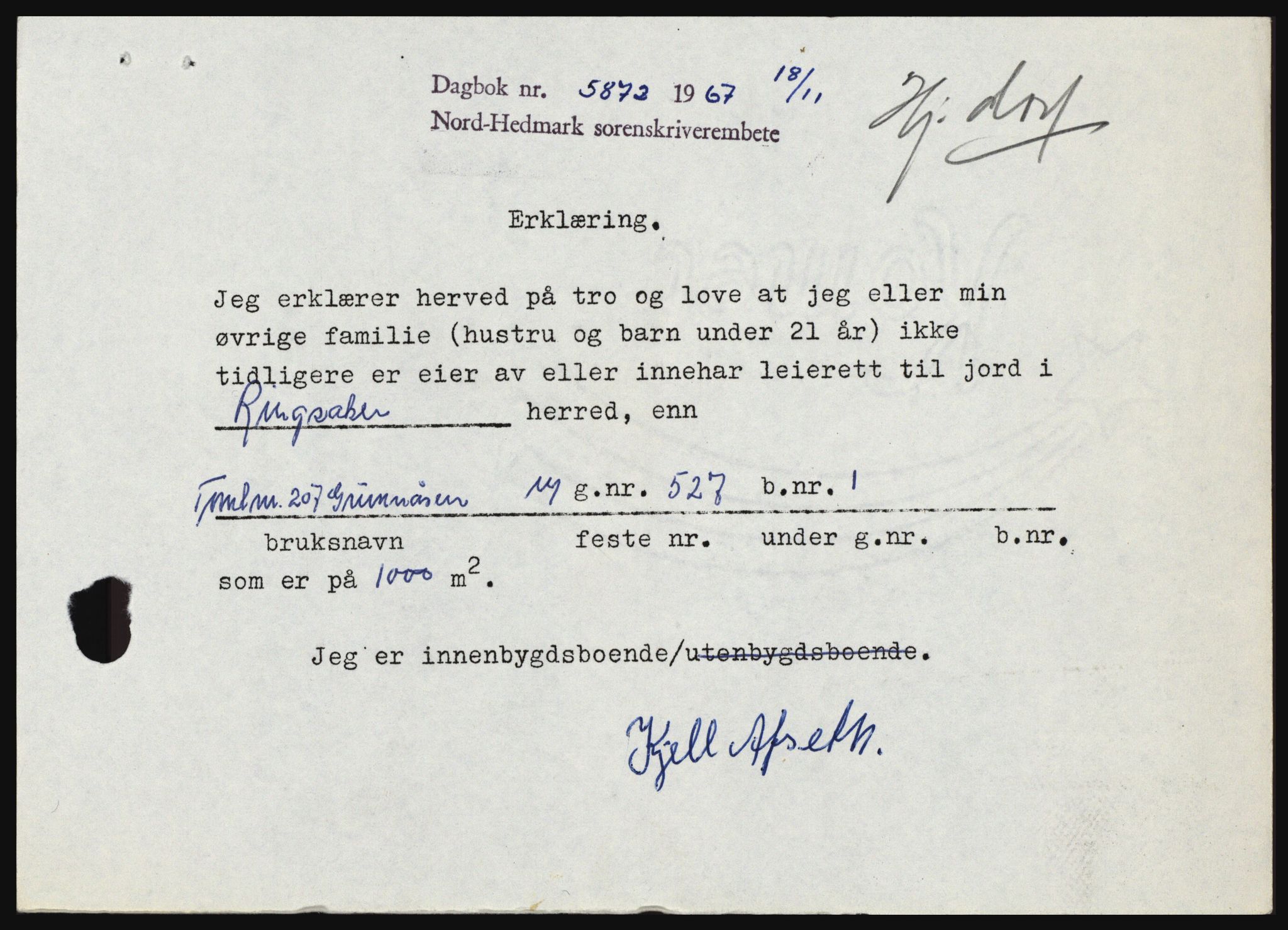 Nord-Hedmark sorenskriveri, SAH/TING-012/H/Hc/L0027: Mortgage book no. 27, 1967-1968, Diary no: : 5872/1967
