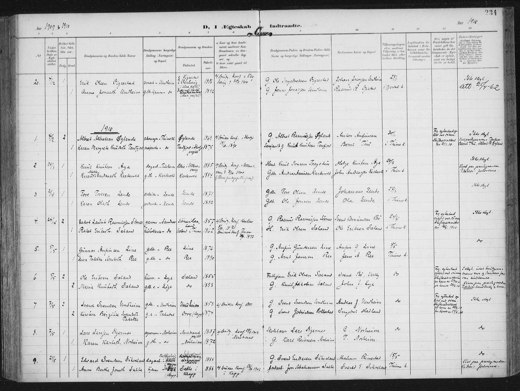 Lye sokneprestkontor, SAST/A-101794/002/A/L0001: Parish register (official) no. A 12, 1904-1920, p. 234