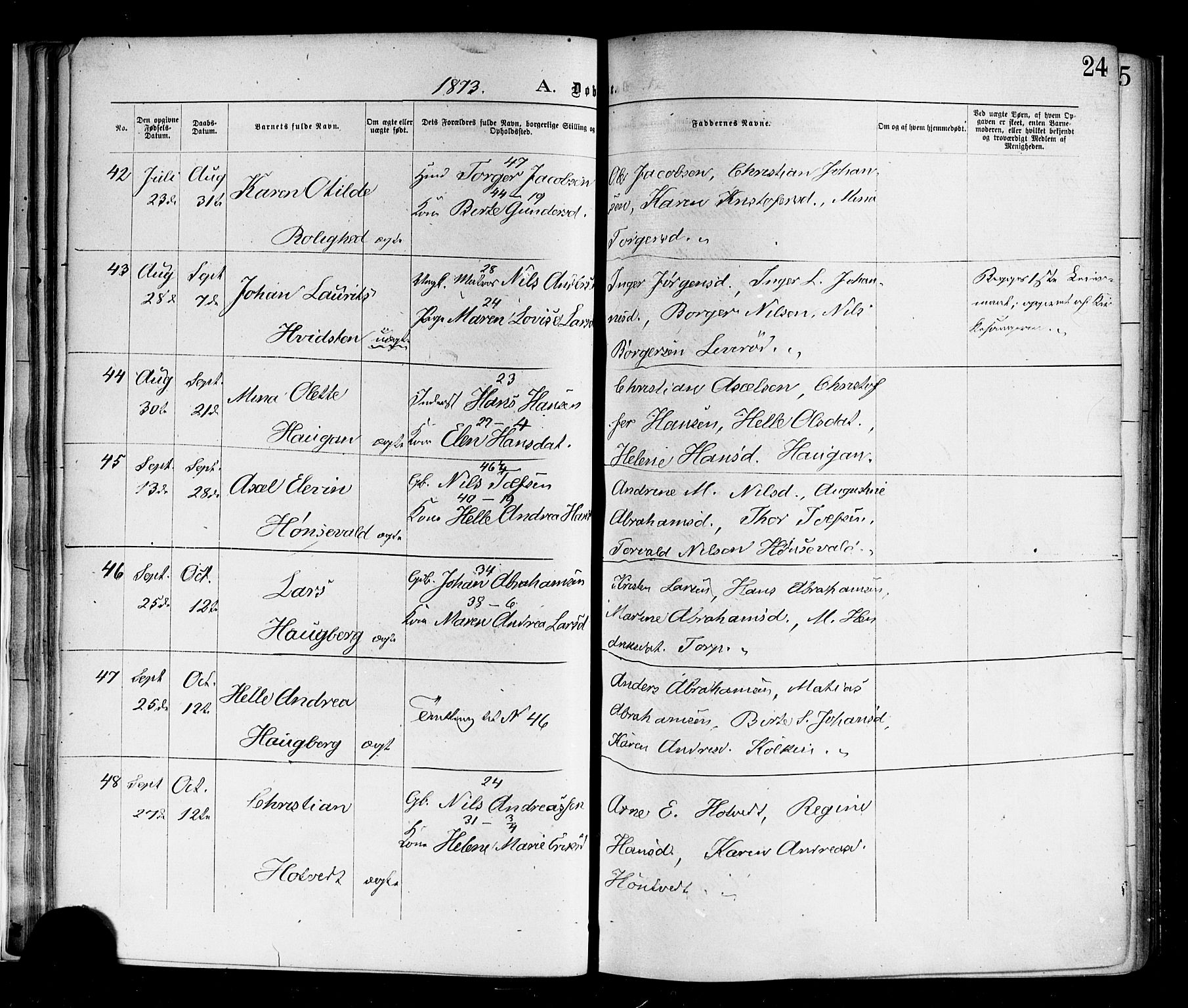 Andebu kirkebøker, AV/SAKO-A-336/F/Fa/L0006: Parish register (official) no. I 6, 1871-1878, p. 24