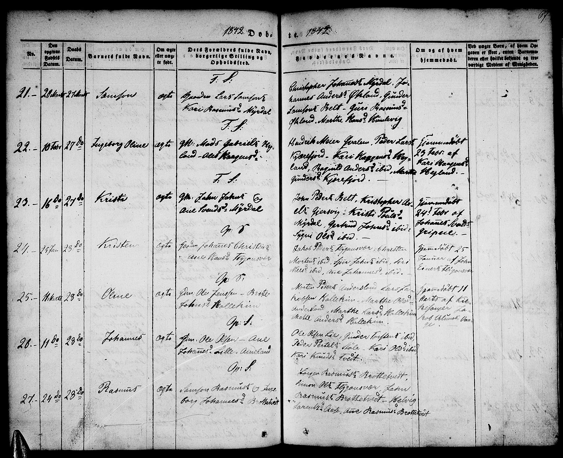Tysnes sokneprestembete, AV/SAB-A-78601/H/Haa: Parish register (official) no. A 9, 1837-1848, p. 67