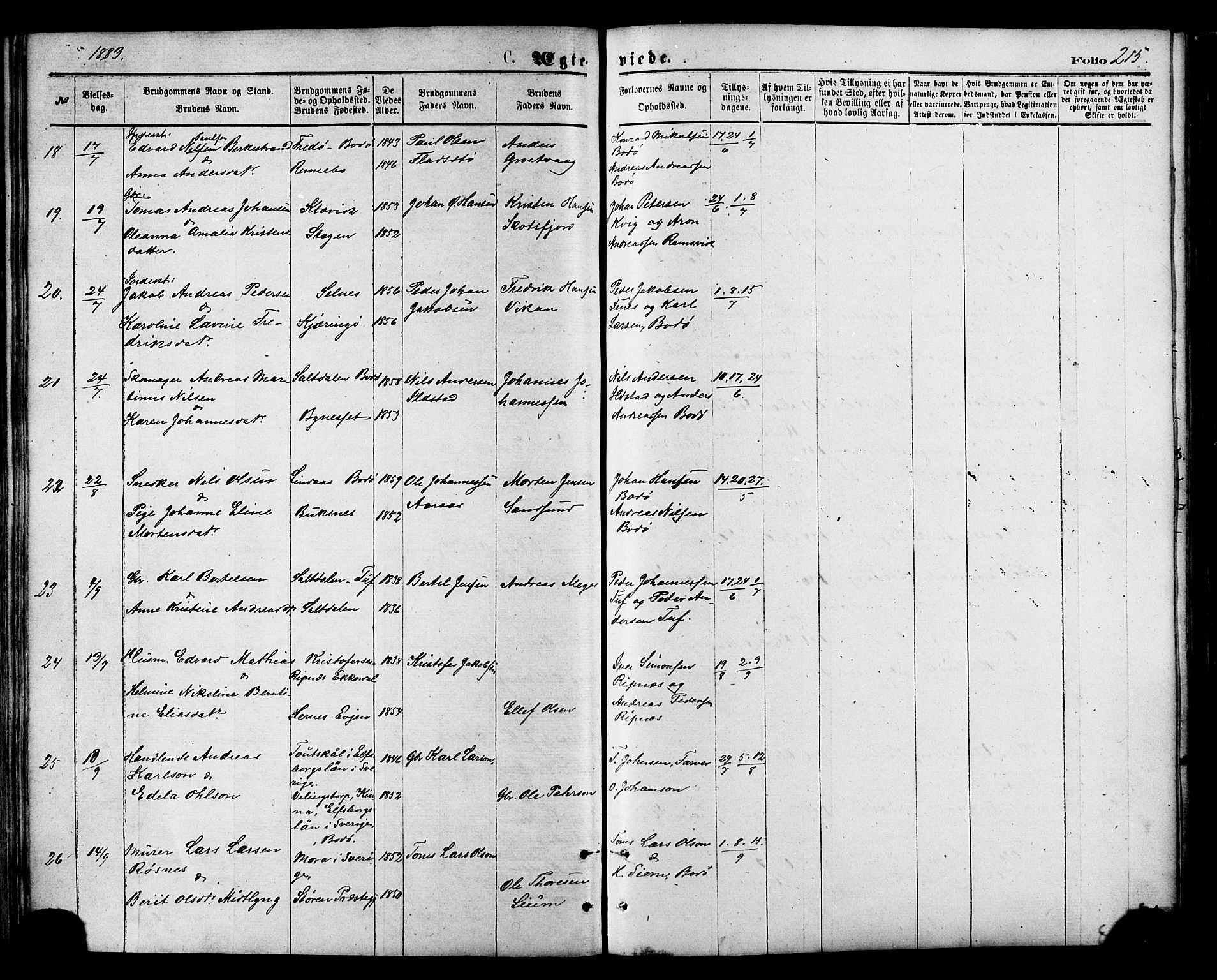 Ministerialprotokoller, klokkerbøker og fødselsregistre - Nordland, AV/SAT-A-1459/801/L0009: Parish register (official) no. 801A09, 1876-1883, p. 215