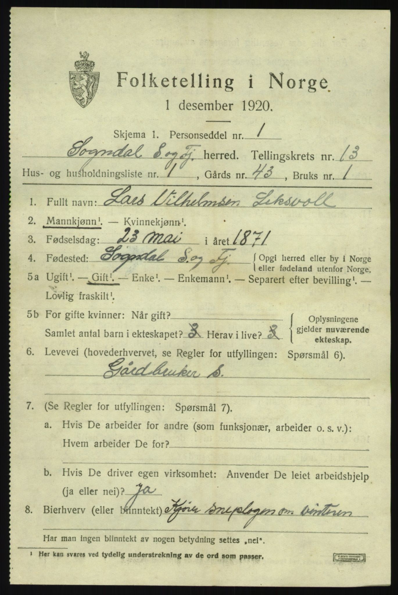 SAB, 1920 census for Sogndal, 1920, p. 5427