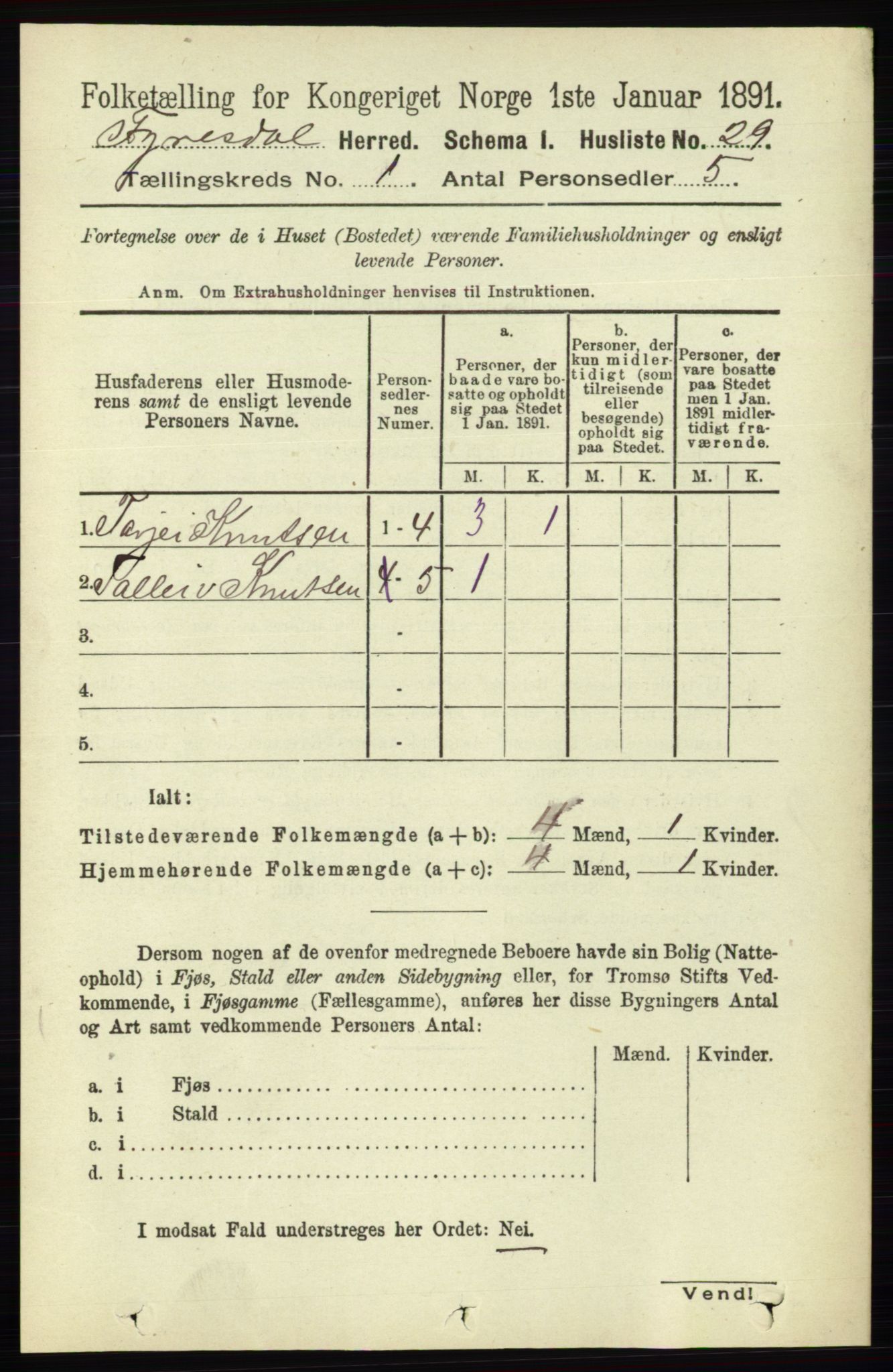 RA, 1891 census for 0831 Fyresdal, 1891, p. 52