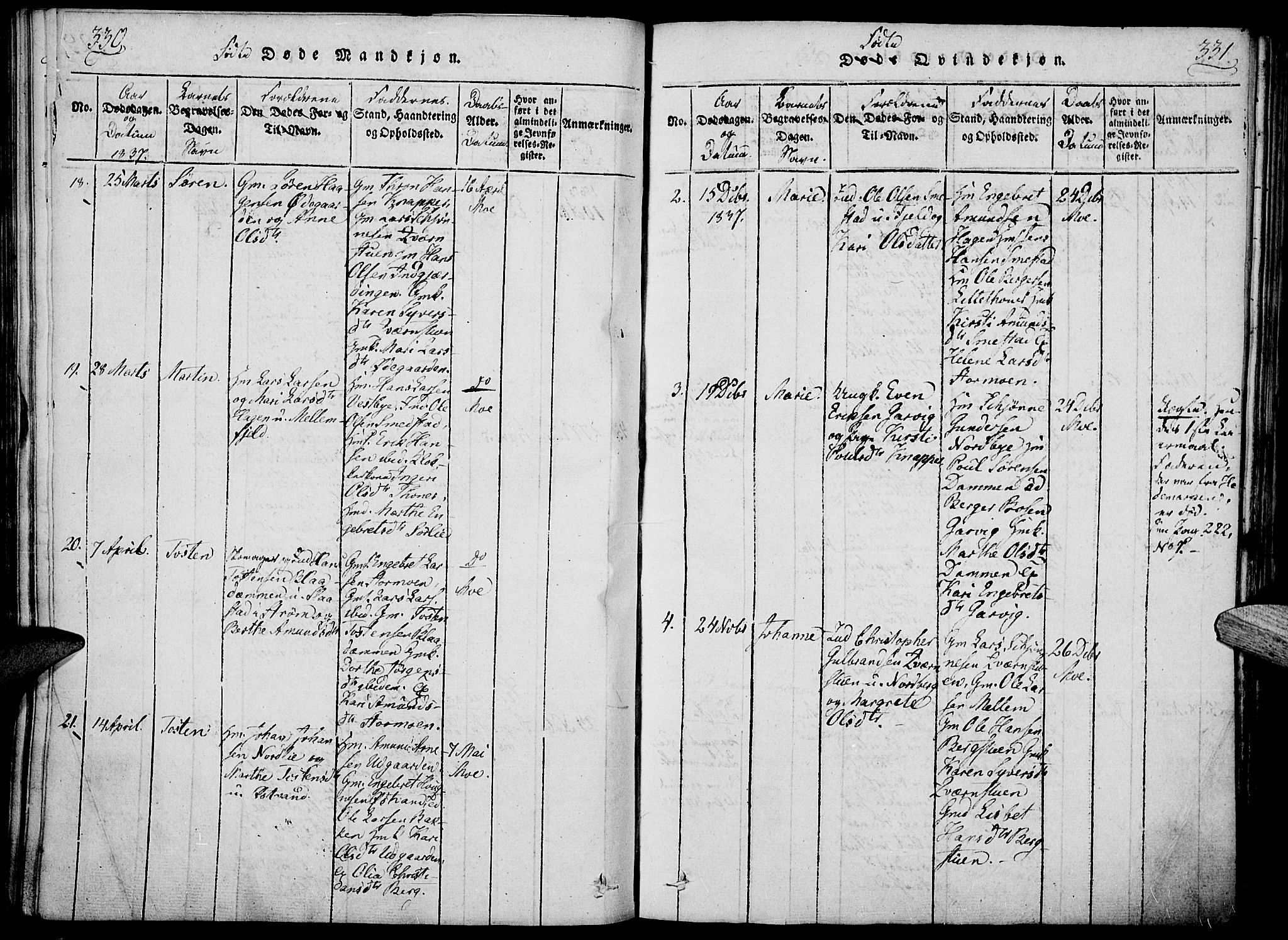 Nord-Odal prestekontor, AV/SAH-PREST-032/H/Ha/Haa/L0001: Parish register (official) no. 1, 1819-1838, p. 330-331