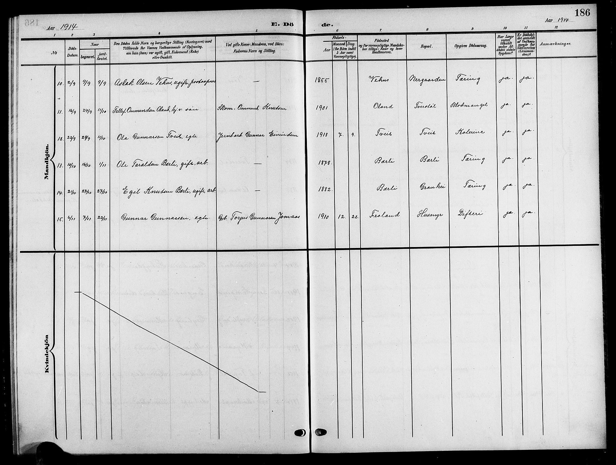 Åmli sokneprestkontor, AV/SAK-1111-0050/F/Fb/Fbc/L0005: Parish register (copy) no. B 5, 1903-1916, p. 186