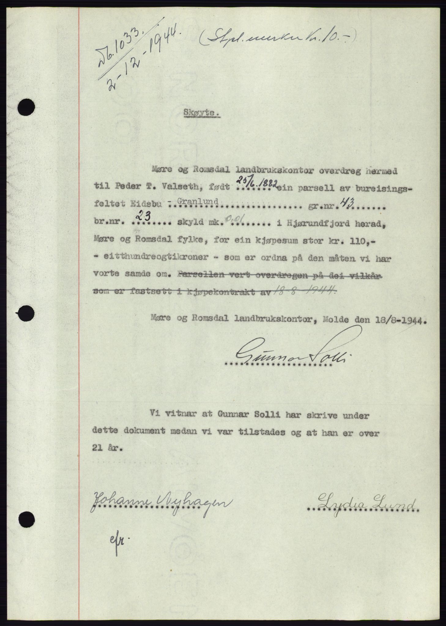 Søre Sunnmøre sorenskriveri, AV/SAT-A-4122/1/2/2C/L0076: Mortgage book no. 2A, 1943-1944, Diary no: : 1033/1944
