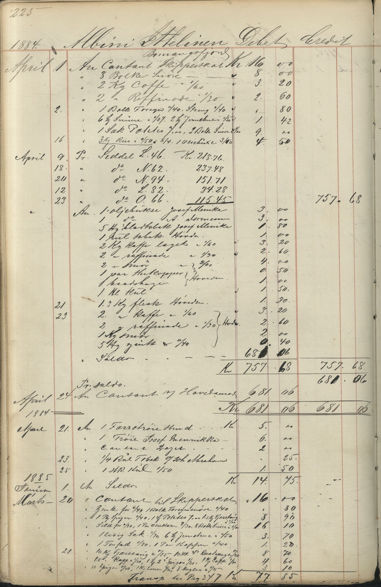 Brodtkorb handel A/S, VAMU/A-0001/F/Fc/L0001/0001: Konto for kvener og nordmenn på Kolahalvøya  / Conto for Kvæner og Nordmænd paa Russefinmarken No 1, 1868-1894, p. 225