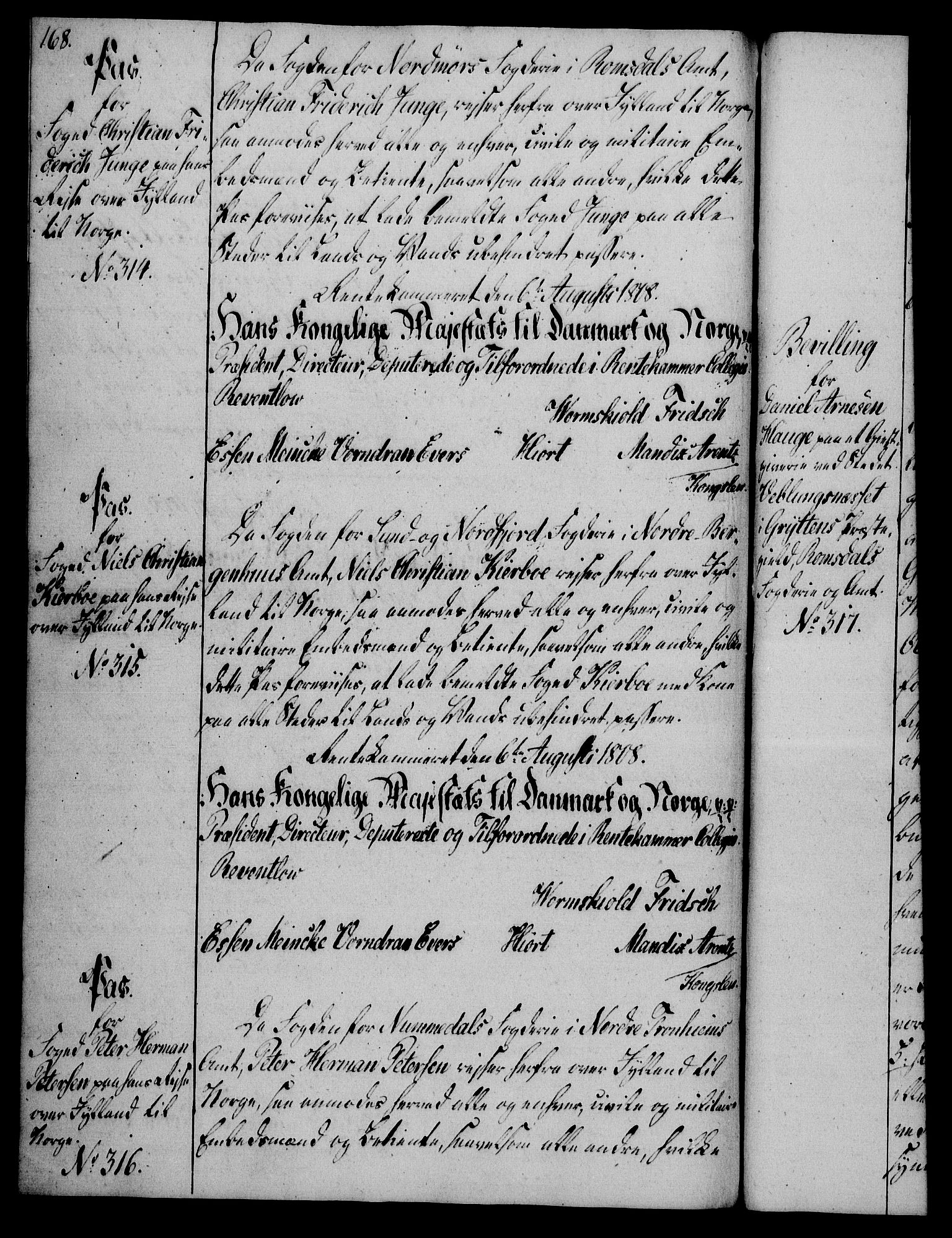 Rentekammeret, Kammerkanselliet, AV/RA-EA-3111/G/Gg/Gga/L0019: Norsk ekspedisjonsprotokoll med register (merket RK 53.19), 1807-1810, p. 168