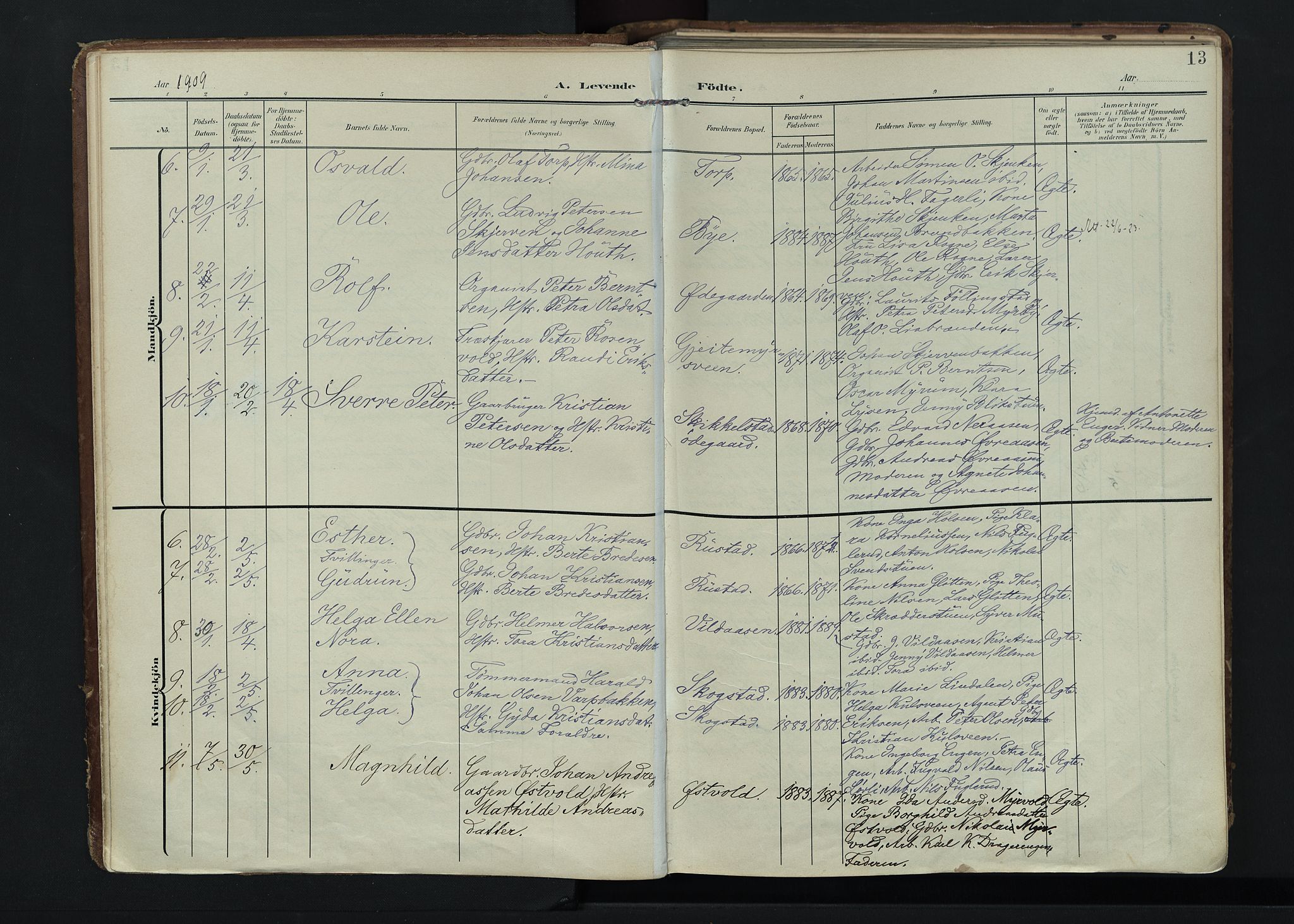 Vardal prestekontor, SAH/PREST-100/H/Ha/Haa/L0020: Parish register (official) no. 20, 1907-1921, p. 13