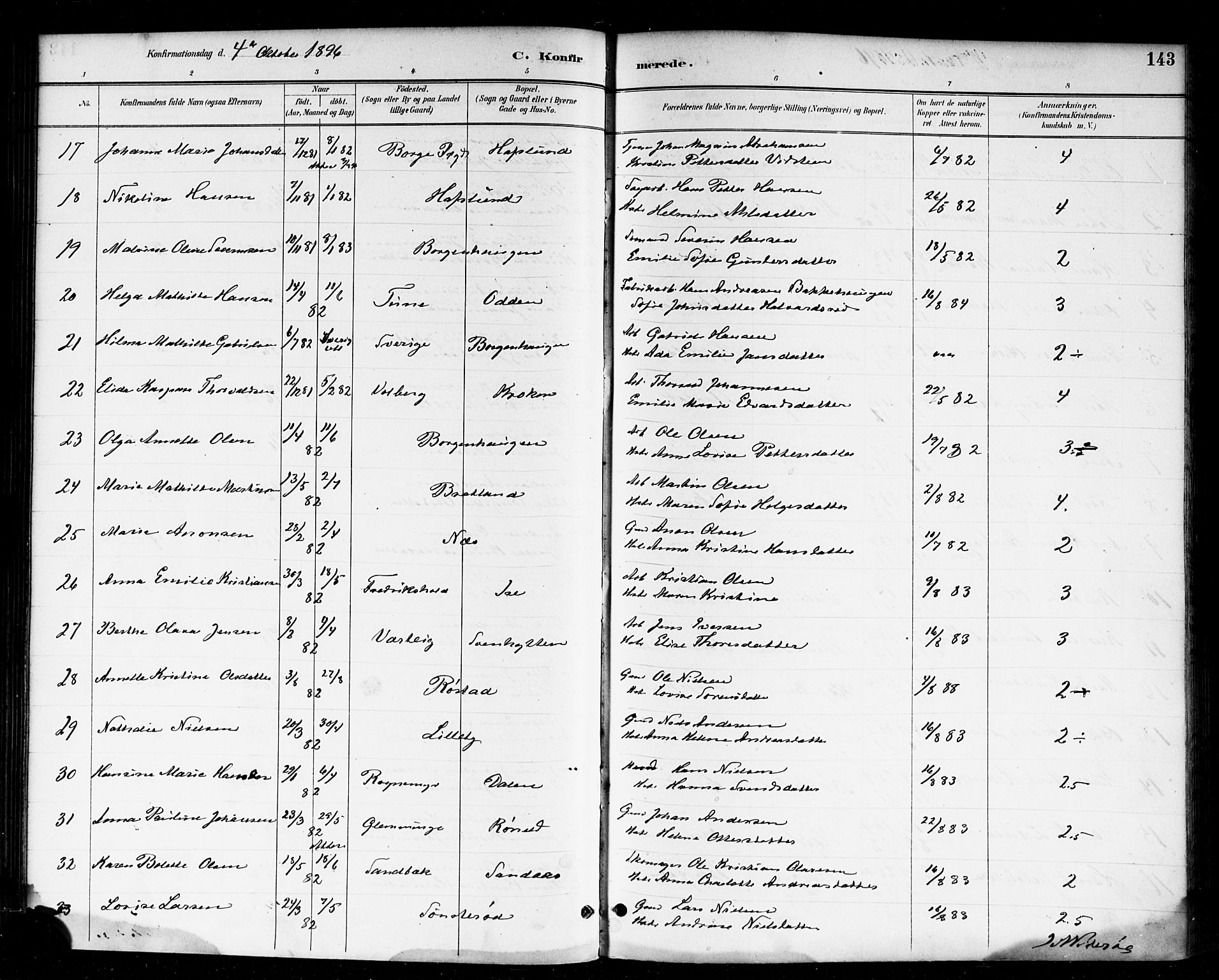 Skjeberg prestekontor Kirkebøker, SAO/A-10923/F/Fa/L0009: Parish register (official) no. I 9, 1886-1897, p. 143