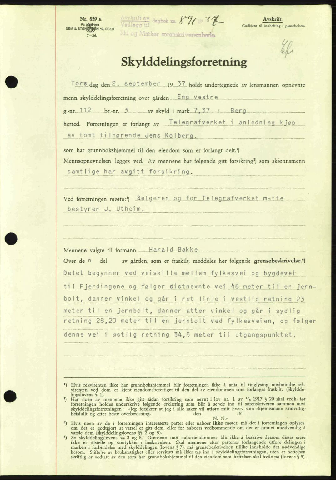 Idd og Marker sorenskriveri, AV/SAO-A-10283/G/Gb/Gbb/L0002: Mortgage book no. A2, 1937-1938, Diary no: : 891/1937