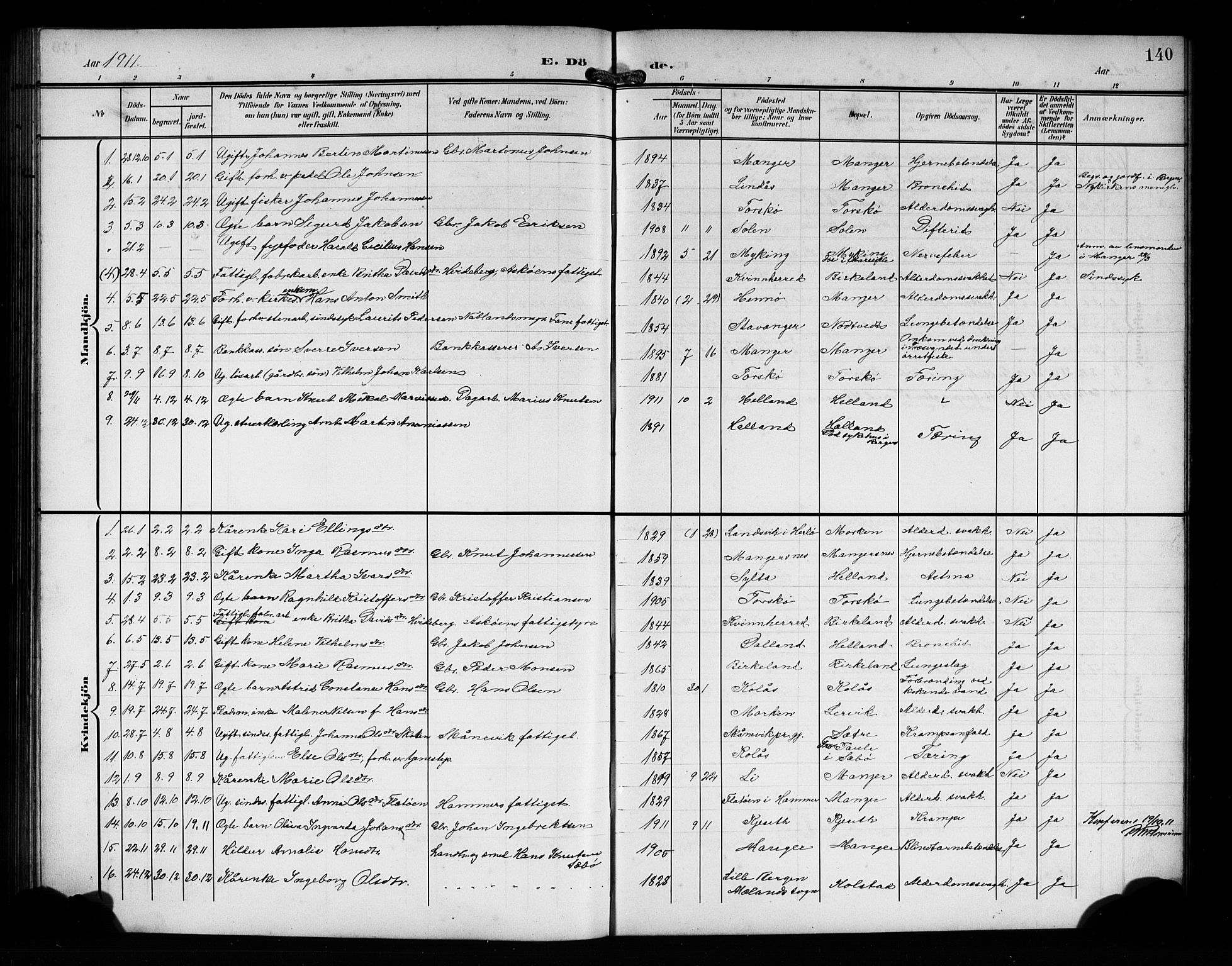 Manger sokneprestembete, SAB/A-76801/H/Hab: Parish register (copy) no. A 2, 1902-1923, p. 140