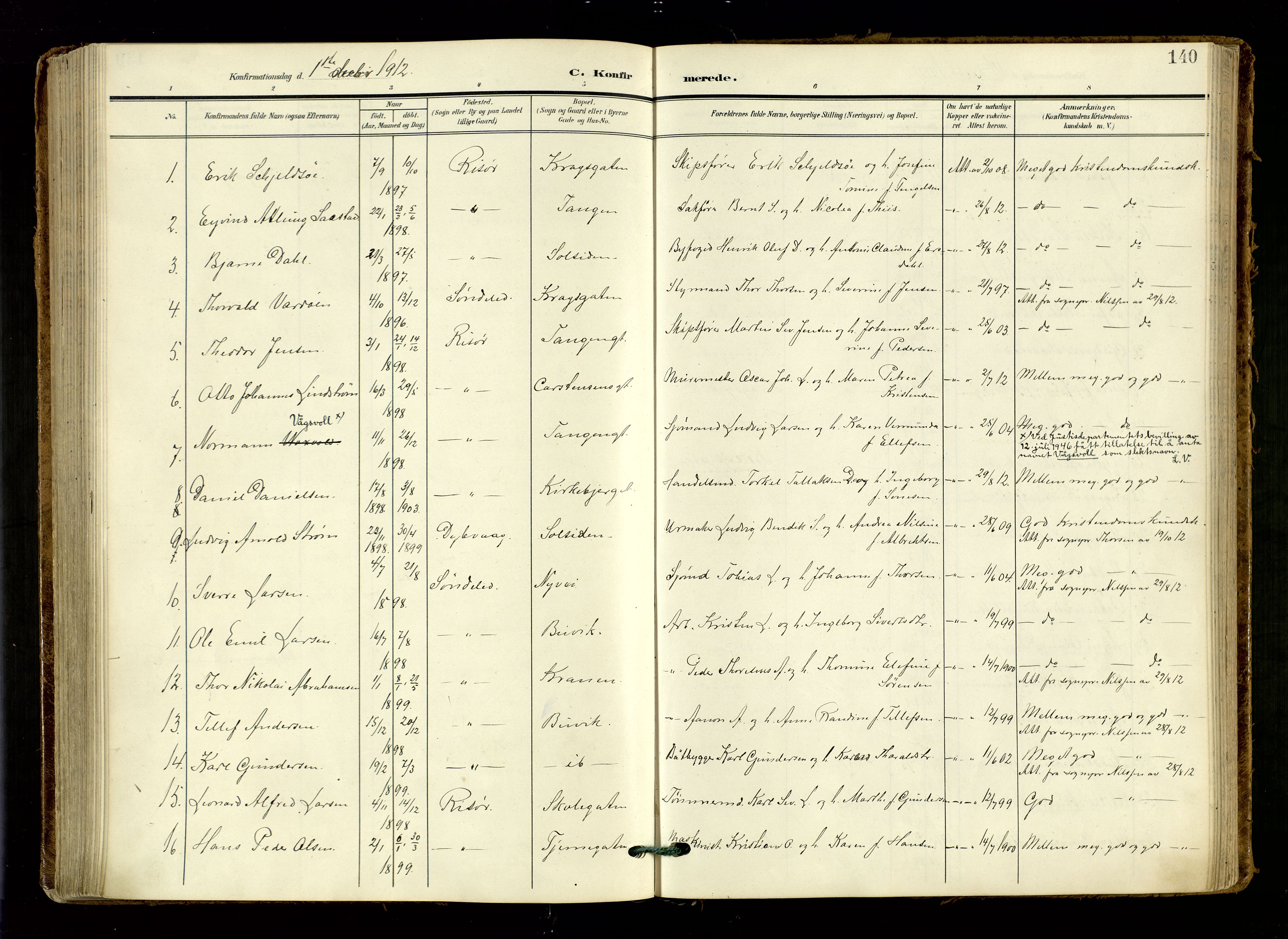 Risør sokneprestkontor, AV/SAK-1111-0035/F/Fa/L0011: Parish register (official) no. A 11, 1907-1920, p. 140