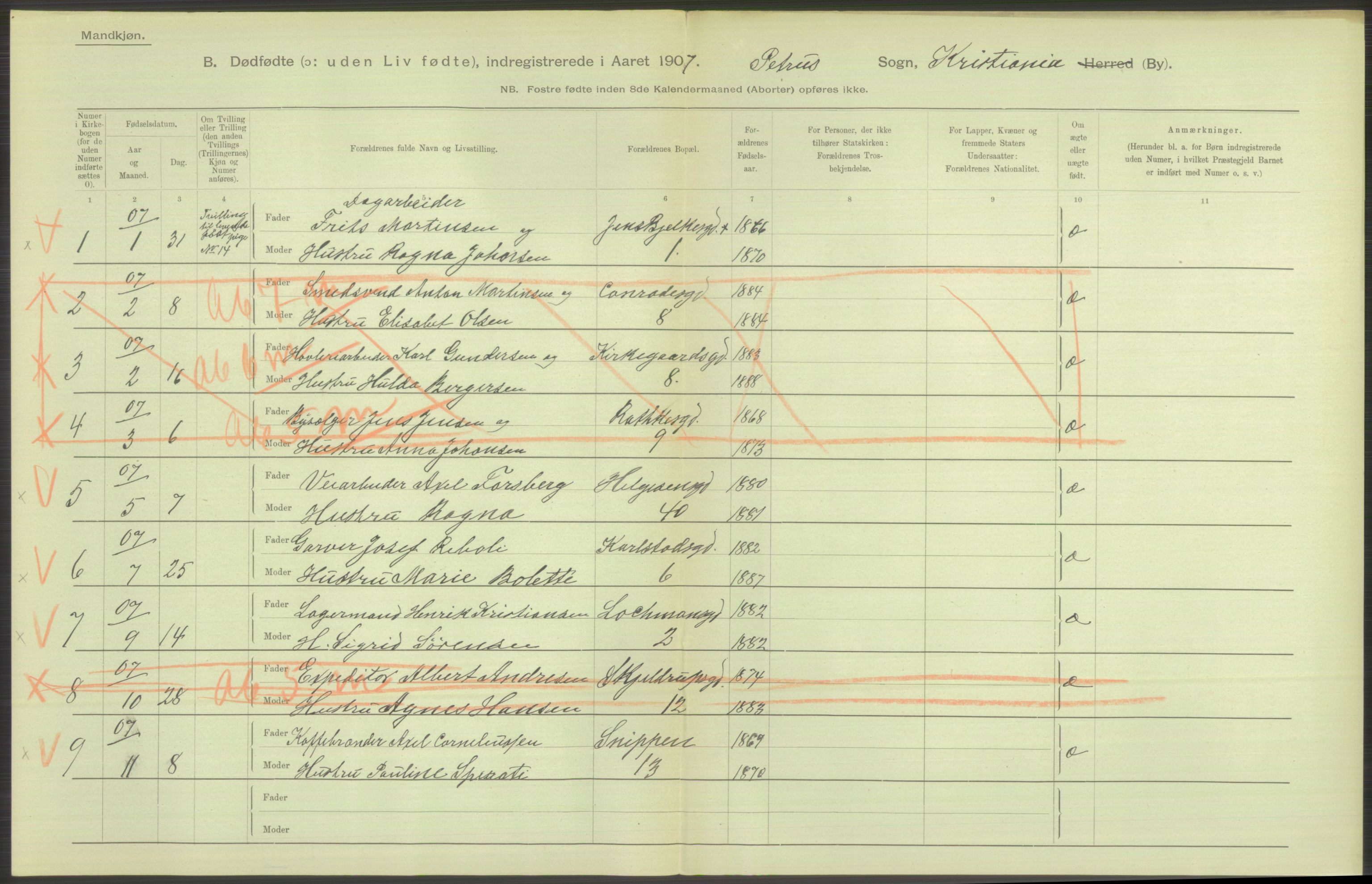 Statistisk sentralbyrå, Sosiodemografiske emner, Befolkning, RA/S-2228/D/Df/Dfa/Dfae/L0010: Kristiania: Døde, dødfødte, 1907, p. 76