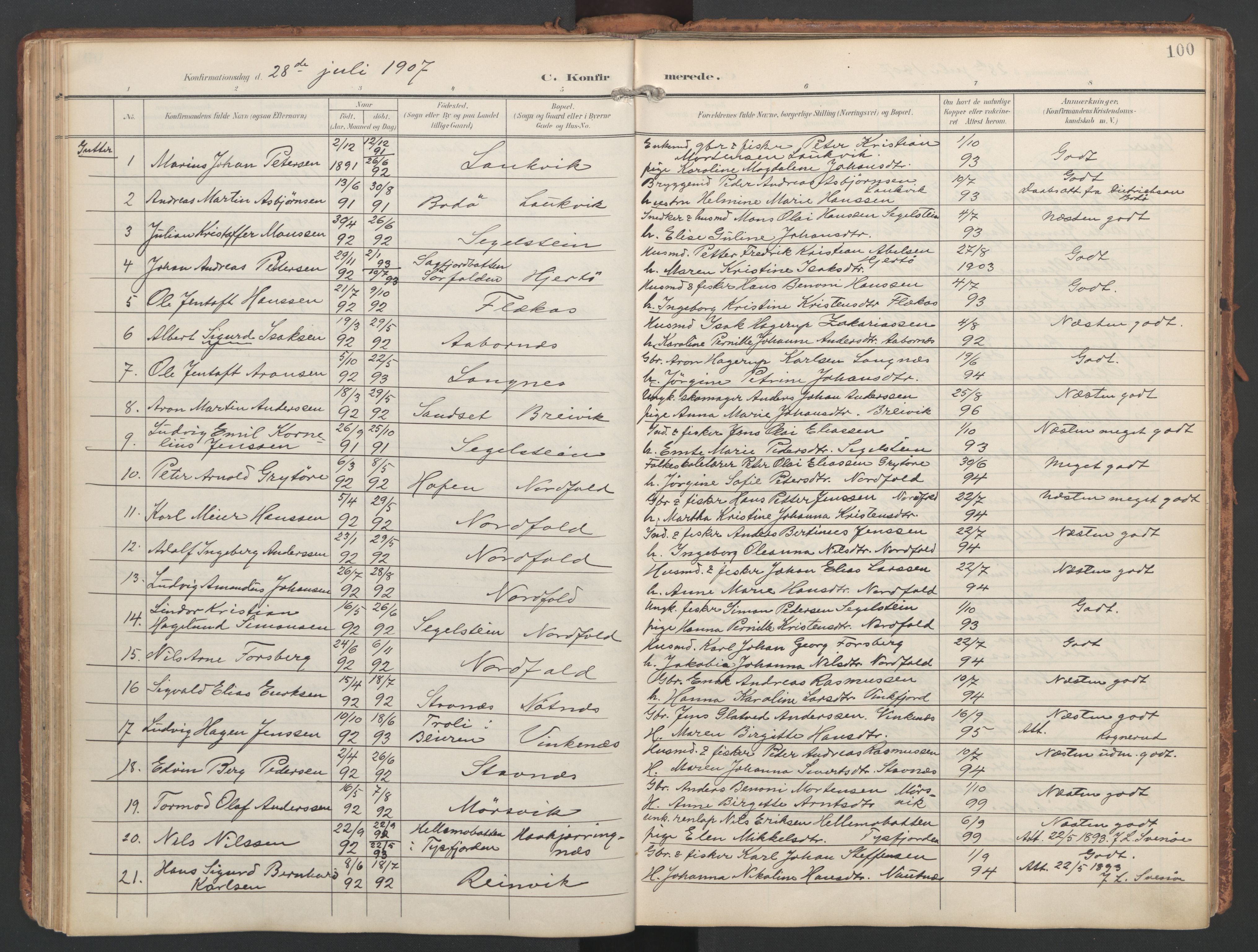 Ministerialprotokoller, klokkerbøker og fødselsregistre - Nordland, AV/SAT-A-1459/858/L0832: Parish register (official) no. 858A02, 1902-1915, p. 100