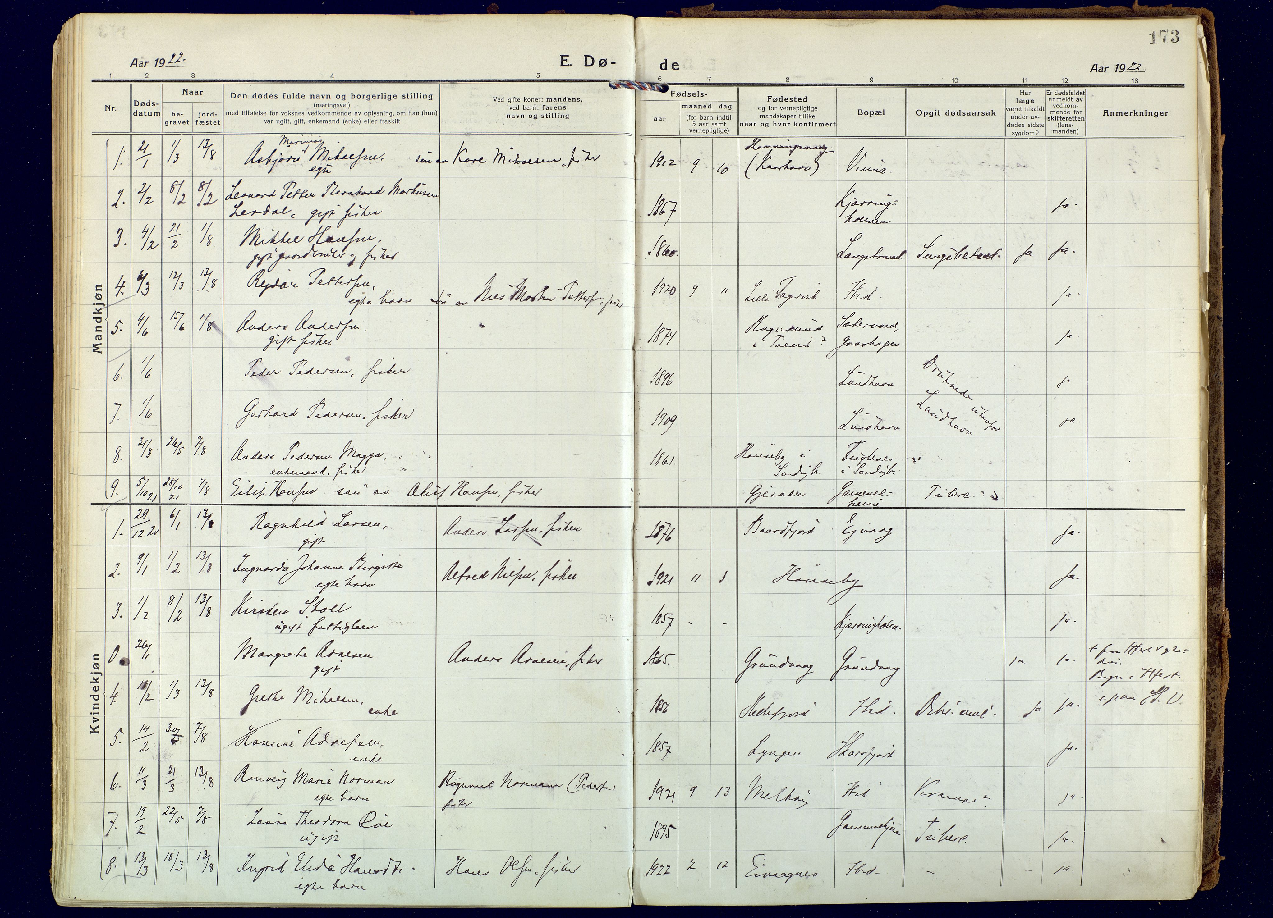 Hammerfest sokneprestkontor, AV/SATØ-S-1347/H/Ha/L0018.kirke: Parish register (official) no. 18, 1918-1933, p. 173