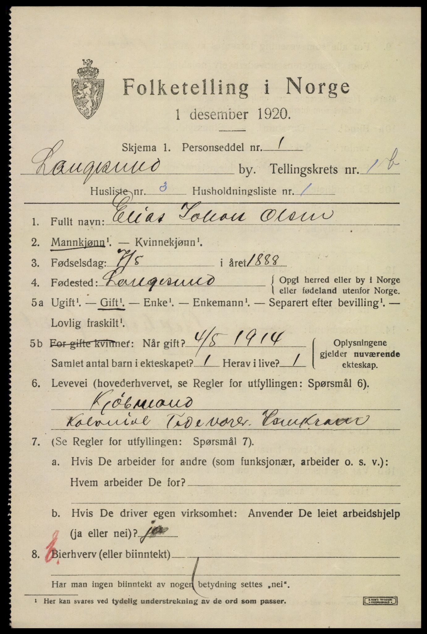 SAKO, 1920 census for Langesund, 1920, p. 2739