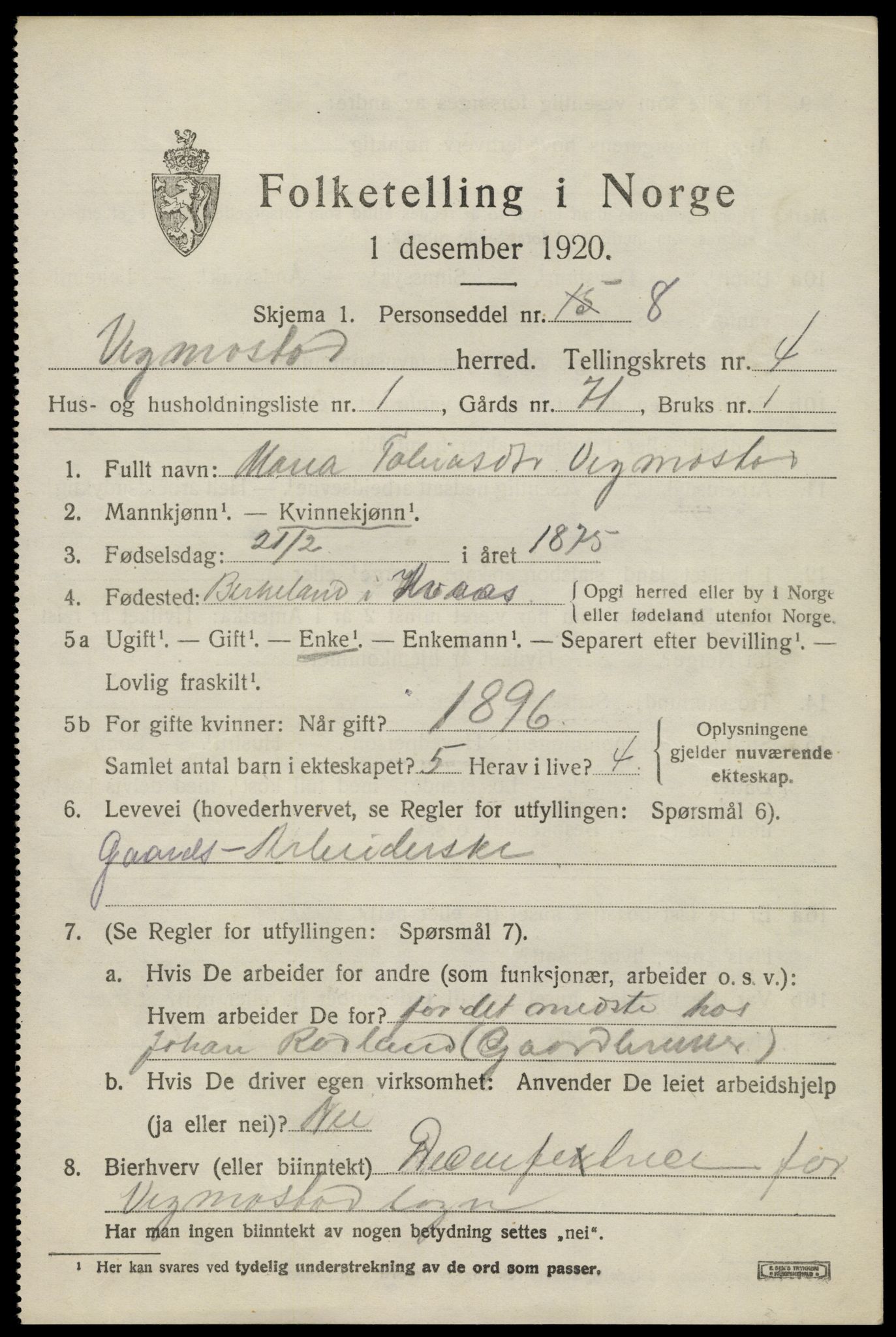 SAK, 1920 census for Vigmostad, 1920, p. 1187