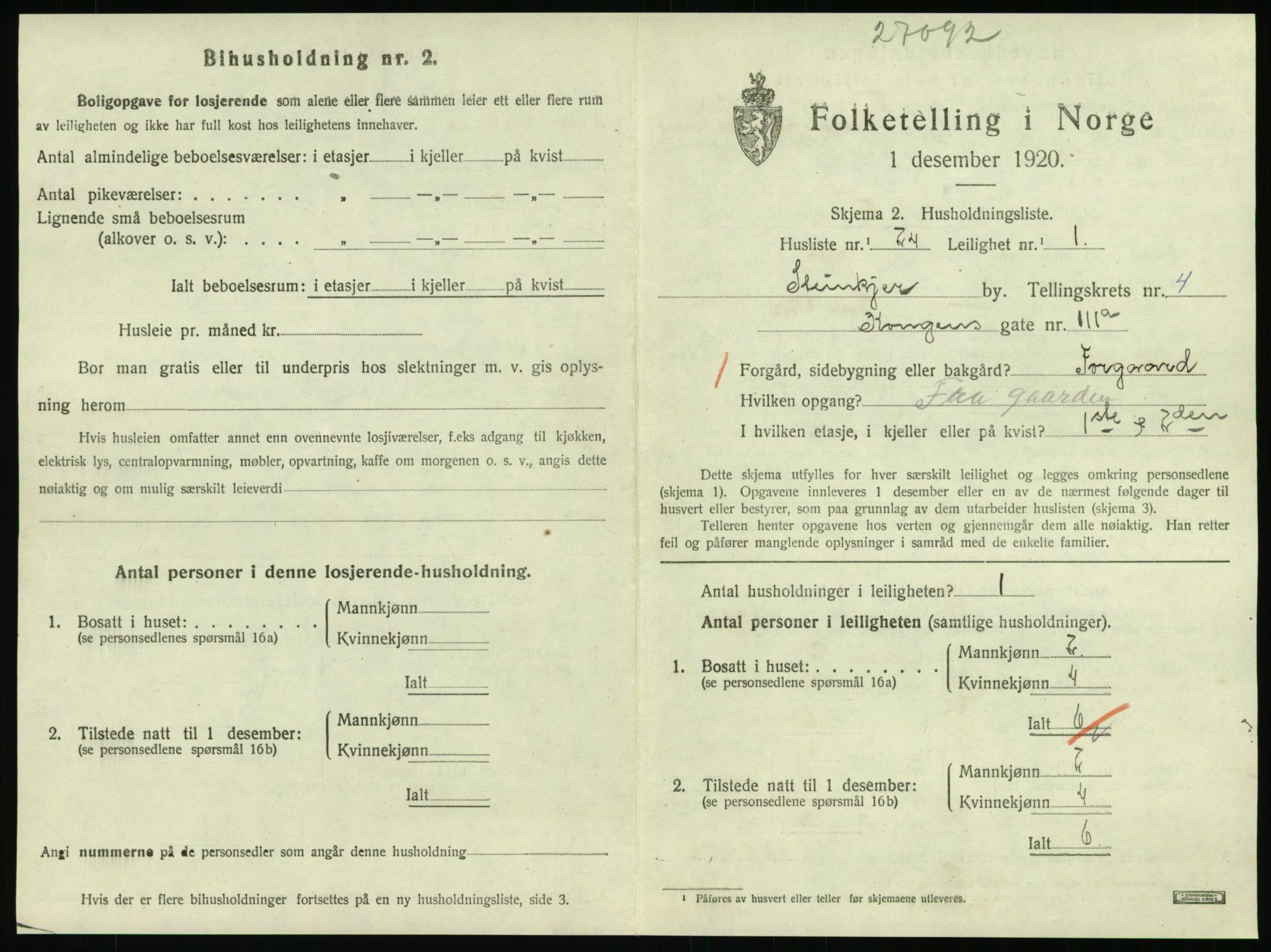 SAT, 1920 census for Steinkjer, 1920, p. 2216