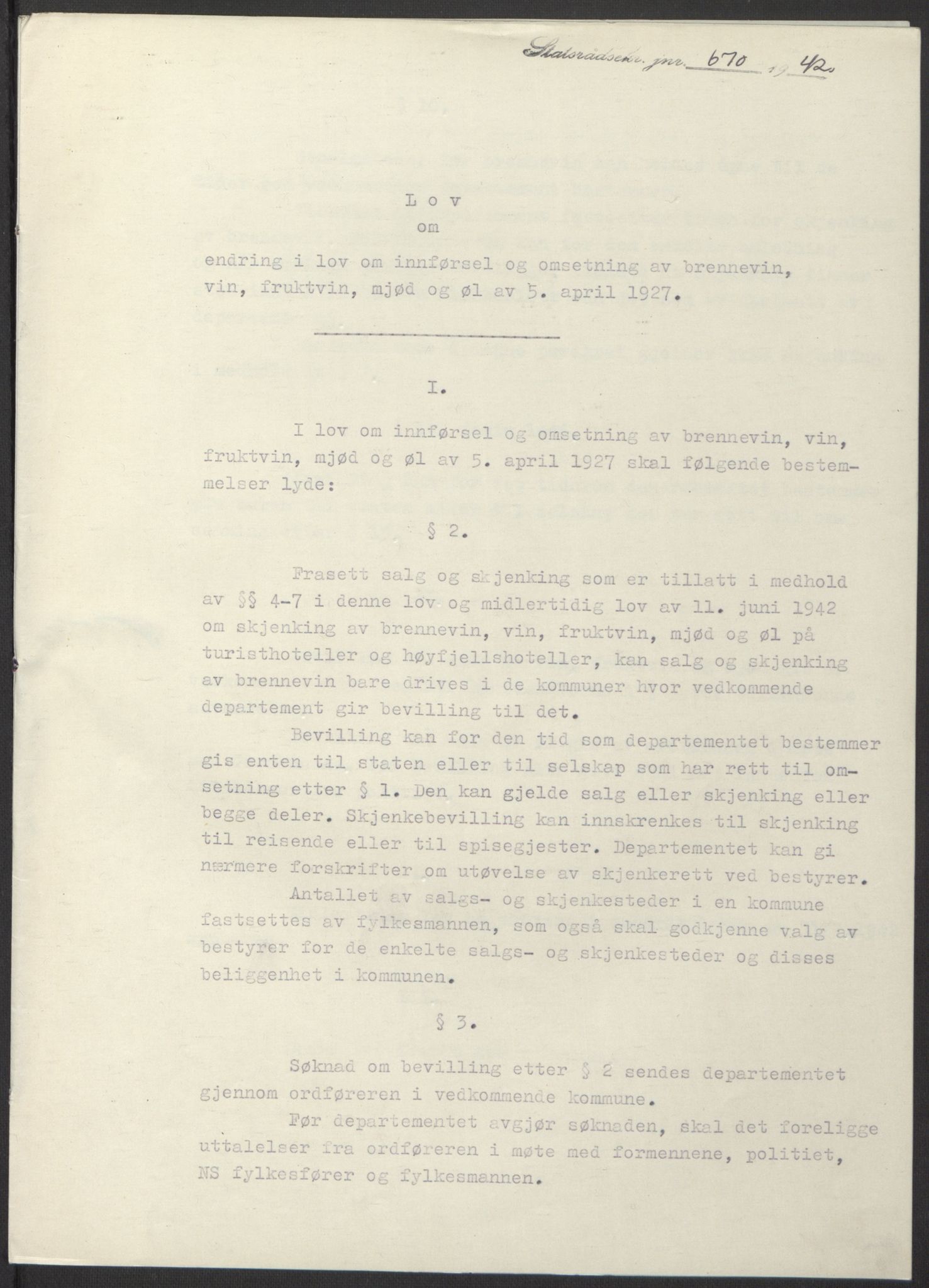 NS-administrasjonen 1940-1945 (Statsrådsekretariatet, de kommisariske statsråder mm), RA/S-4279/D/Db/L0098: Lover II, 1942, p. 304