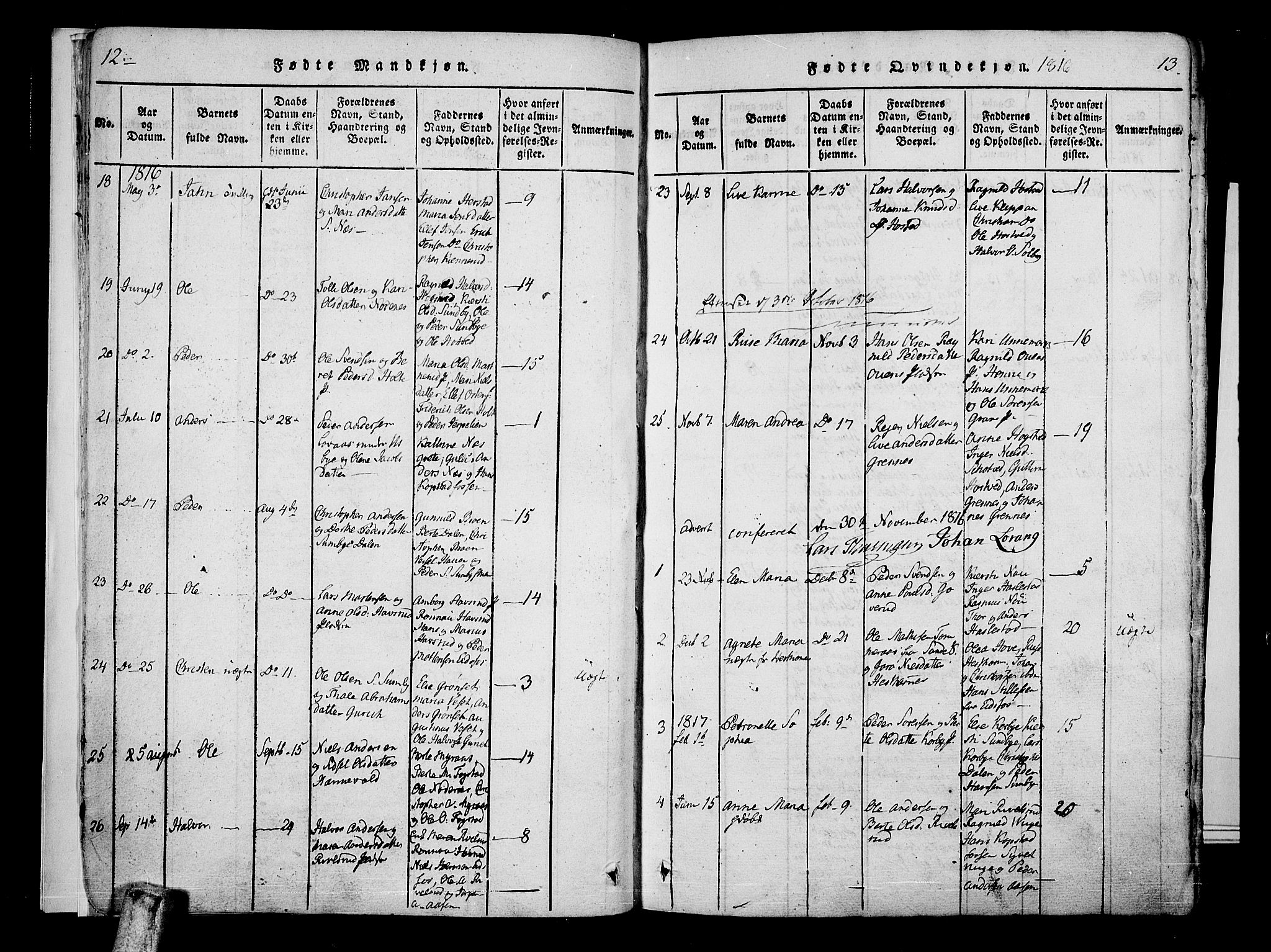 Hof kirkebøker, SAKO/A-64/F/Fa/L0004: Parish register (official) no. I 4, 1814-1843, p. 12-13