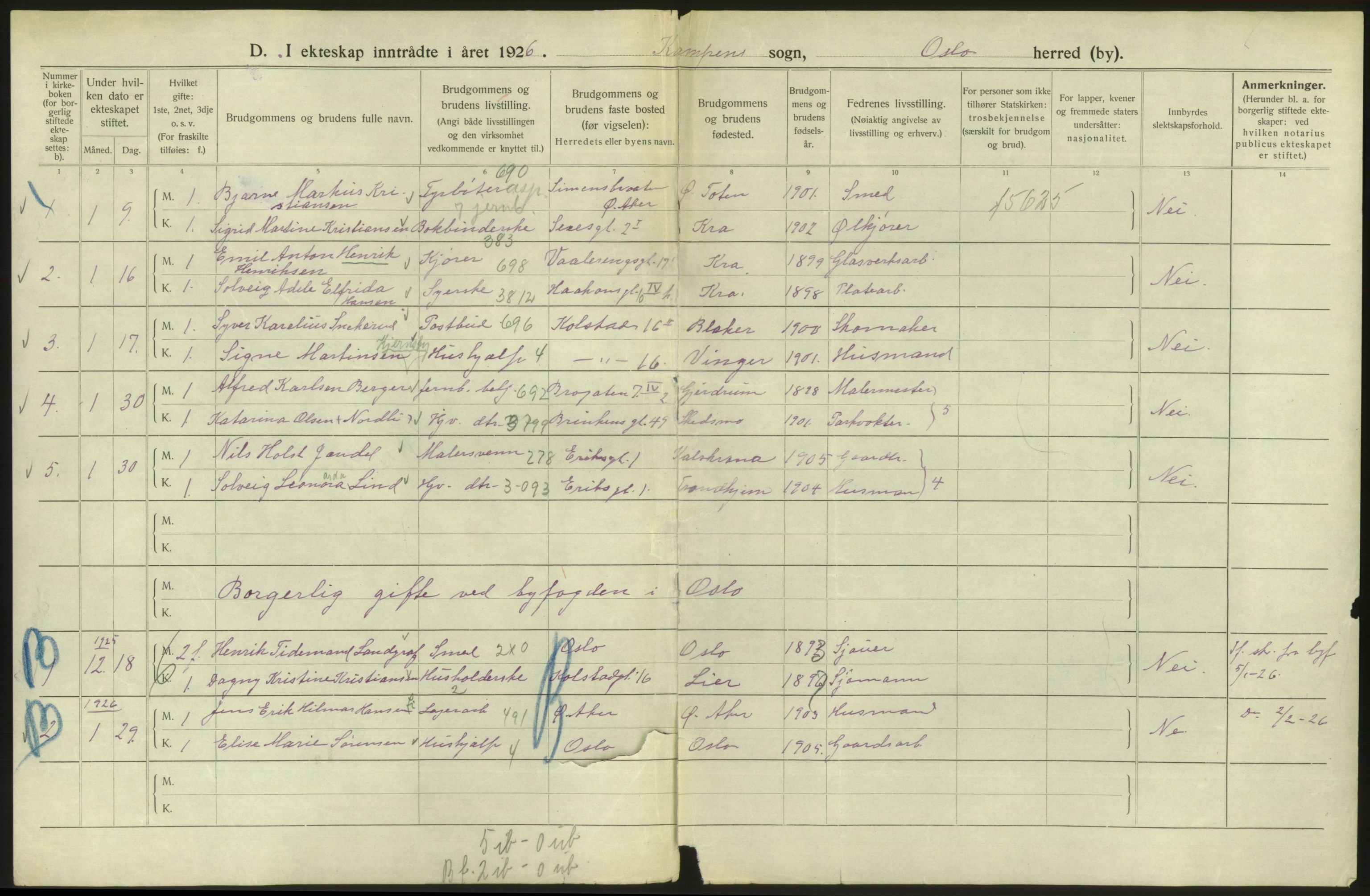 Statistisk sentralbyrå, Sosiodemografiske emner, Befolkning, AV/RA-S-2228/D/Df/Dfc/Dfcf/L0008: Oslo: Gifte, 1926, p. 612