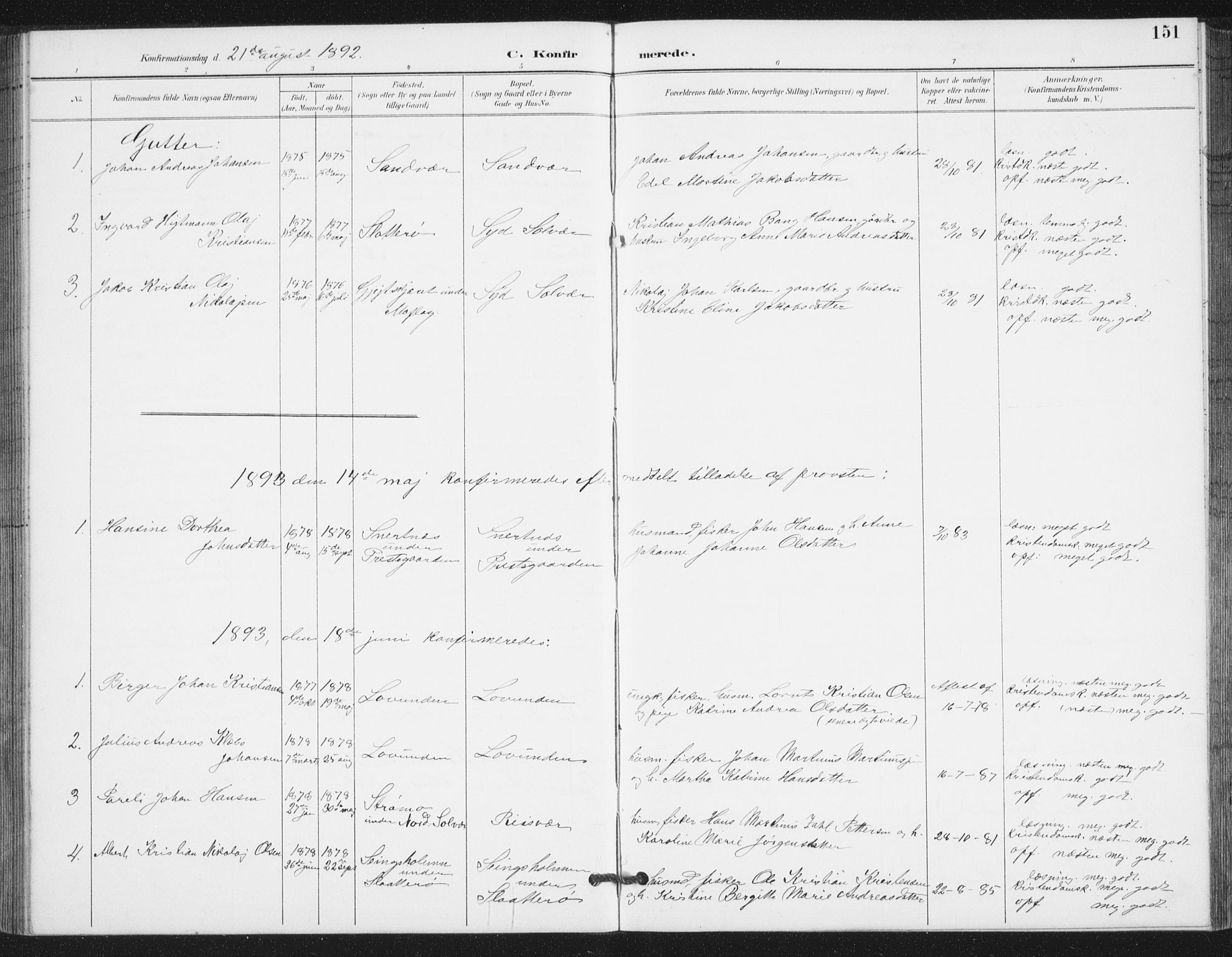 Ministerialprotokoller, klokkerbøker og fødselsregistre - Nordland, SAT/A-1459/839/L0573: Parish register (copy) no. 839C03, 1892-1917, p. 151