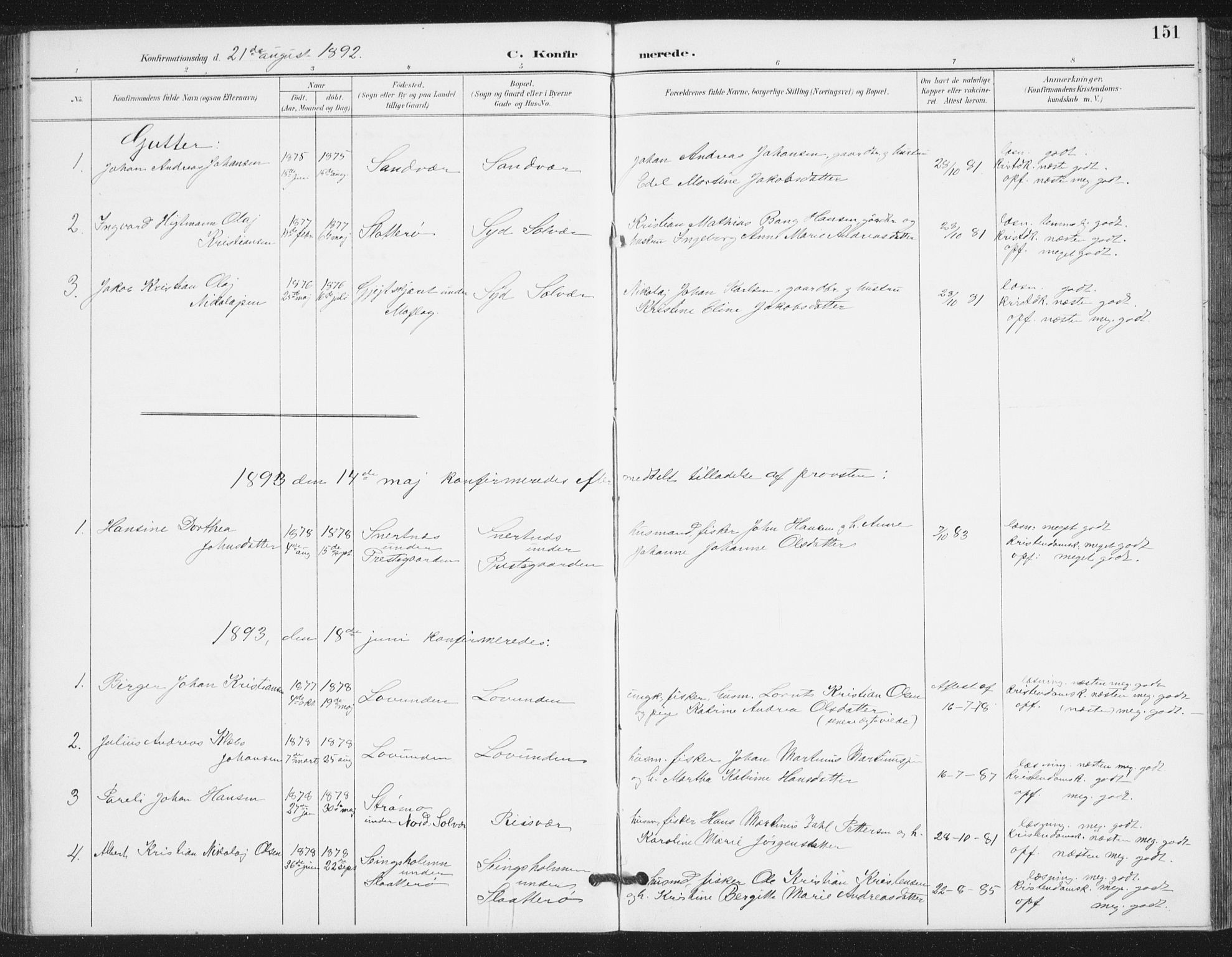 Ministerialprotokoller, klokkerbøker og fødselsregistre - Nordland, AV/SAT-A-1459/839/L0573: Parish register (copy) no. 839C03, 1892-1917, p. 151