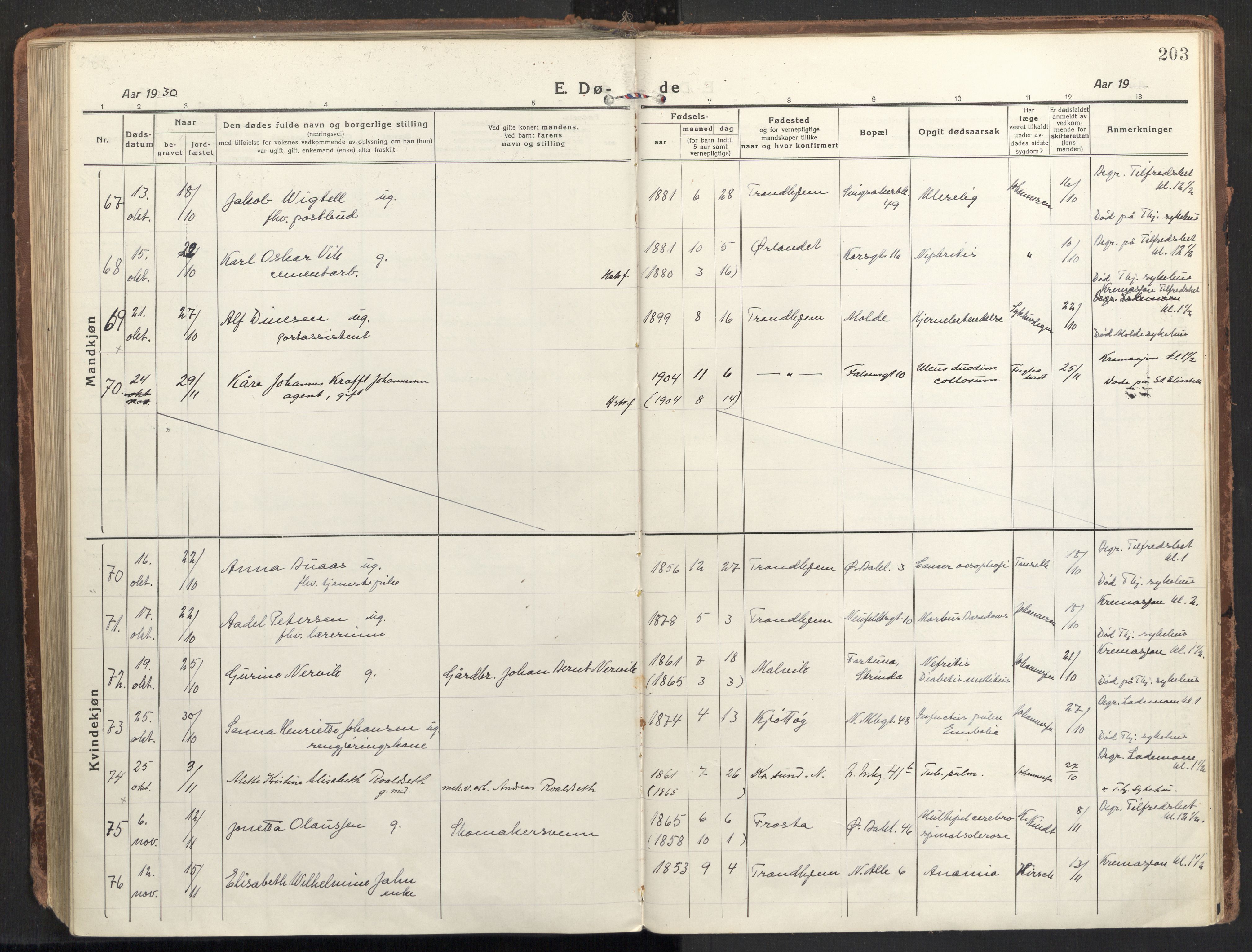 Ministerialprotokoller, klokkerbøker og fødselsregistre - Sør-Trøndelag, SAT/A-1456/604/L0207: Parish register (official) no. 604A27, 1917-1933, p. 203