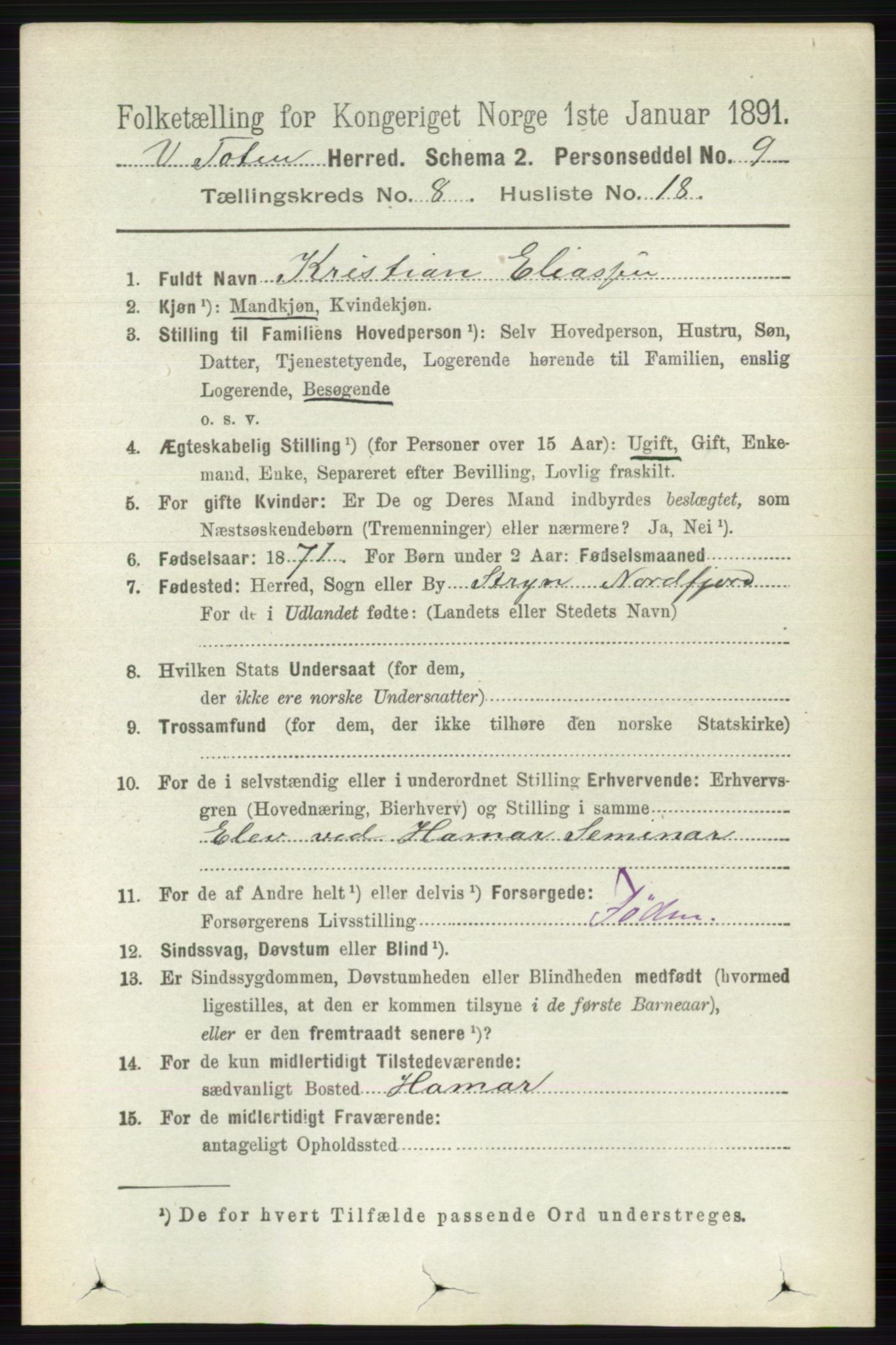 RA, 1891 census for 0529 Vestre Toten, 1891, p. 5105