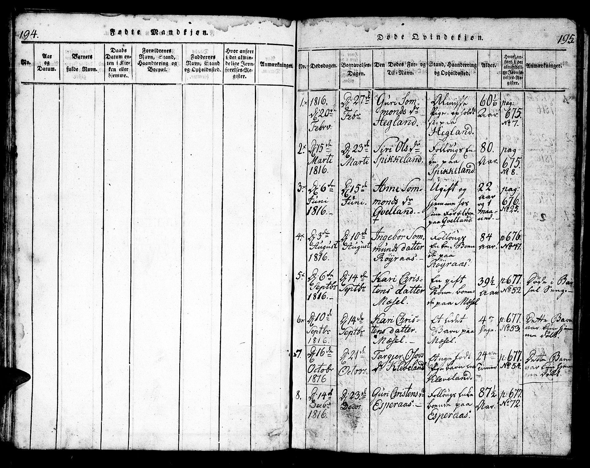 Bjelland sokneprestkontor, SAK/1111-0005/F/Fb/Fbb/L0003: Parish register (copy) no. B 3, 1816-1868, p. 194-195