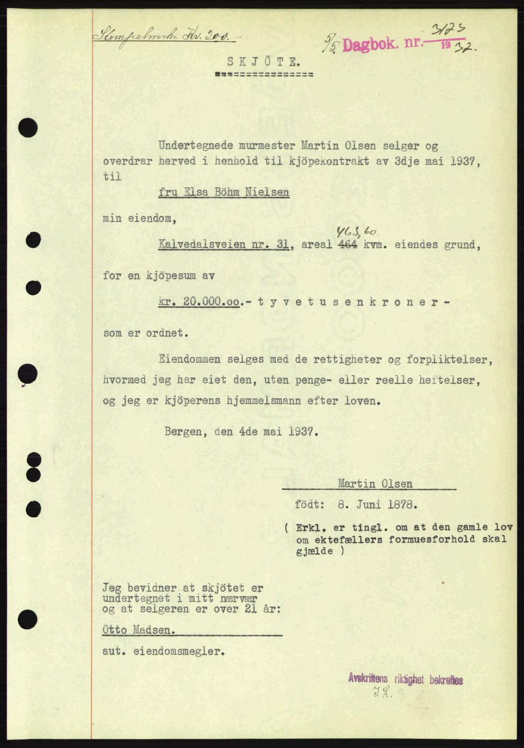 Byfogd og Byskriver i Bergen, SAB/A-3401/03/03Bc/L0004: Mortgage book no. A3-4, 1936-1937, Diary no: : 3173/1937