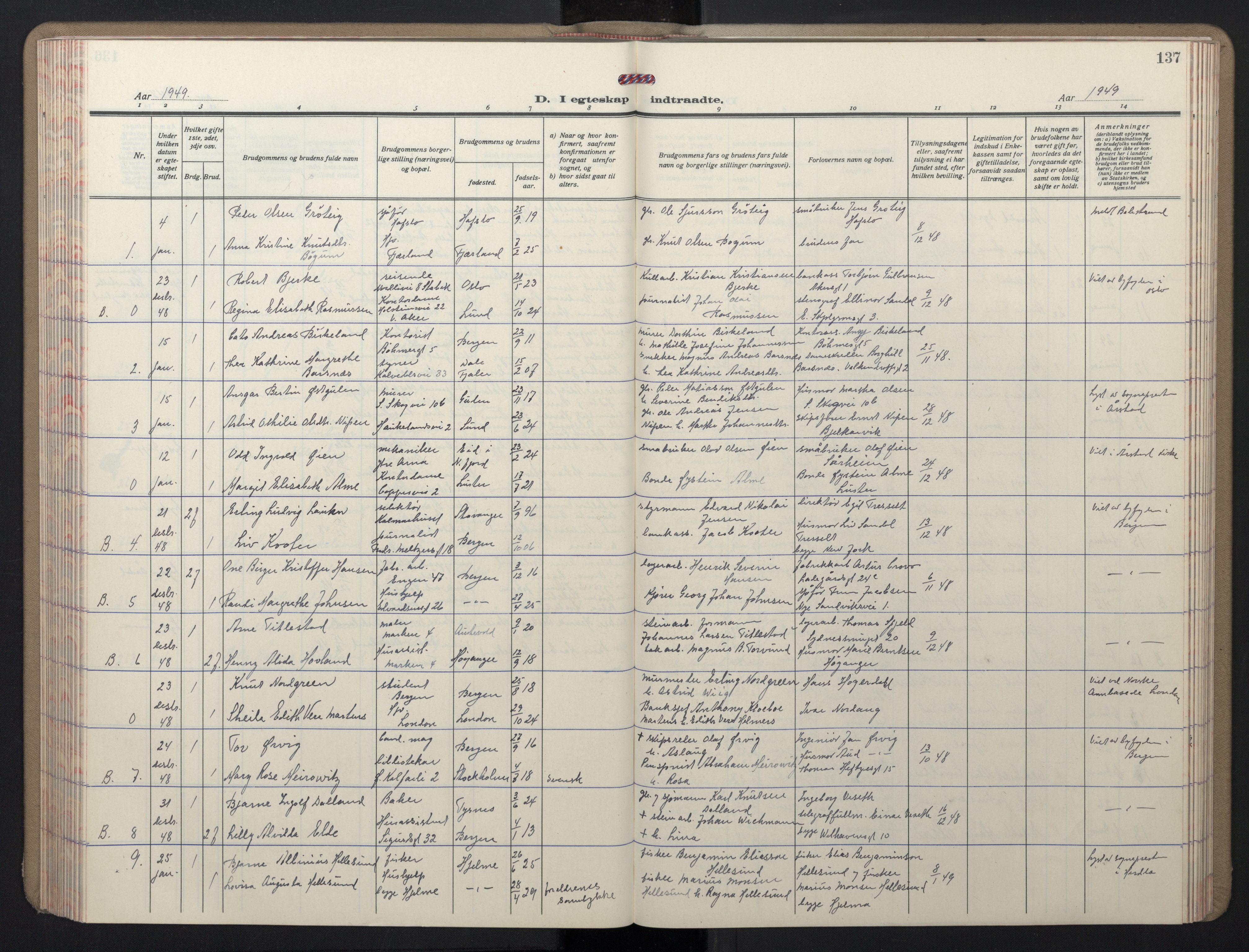 Domkirken sokneprestembete, SAB/A-74801/H/Hab/L0035: Parish register (copy) no. D 7, 1941-1953, p. 137