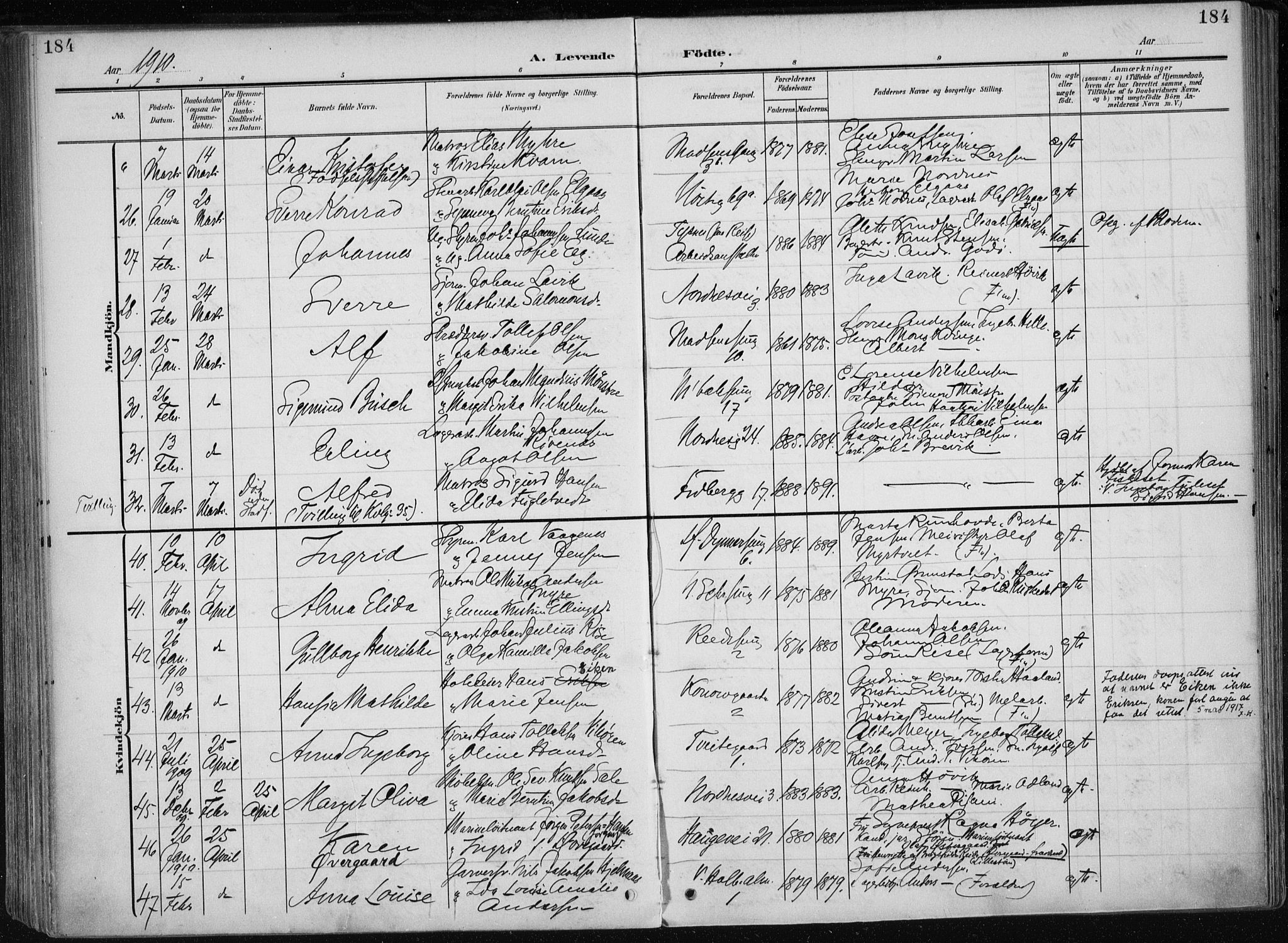 Nykirken Sokneprestembete, AV/SAB-A-77101/H/Haa/L0019: Parish register (official) no. B 7, 1904-1916, p. 184