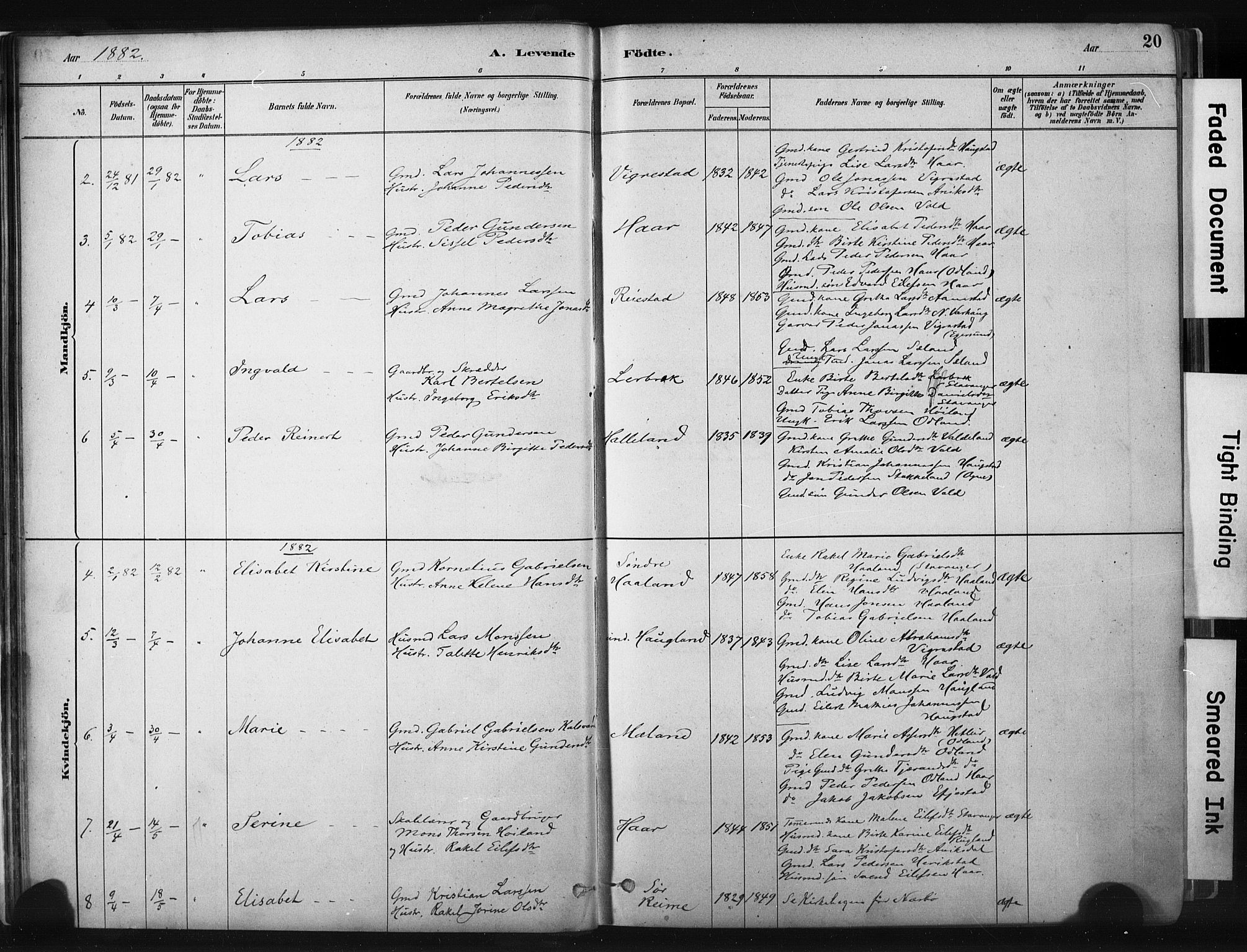 Hå sokneprestkontor, SAST/A-101801/001/30BA/L0011: Parish register (official) no. A 10, 1879-1900, p. 20