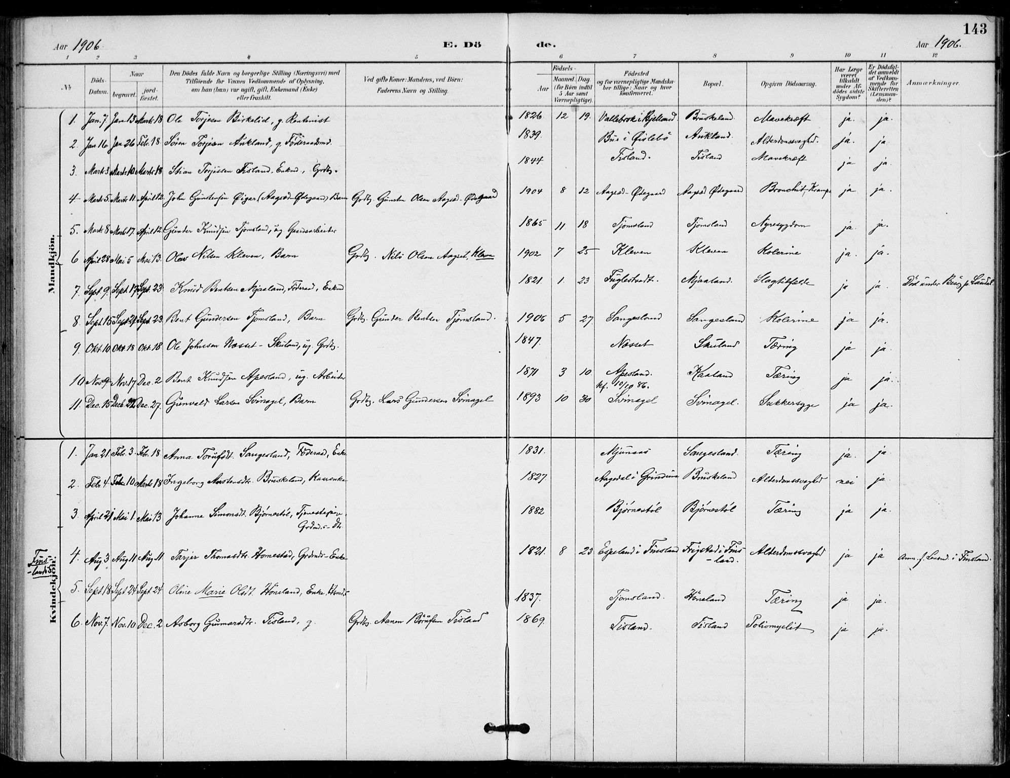 Holum sokneprestkontor, SAK/1111-0022/F/Fa/Fab/L0007: Parish register (official) no. A 7, 1887-1912, p. 143