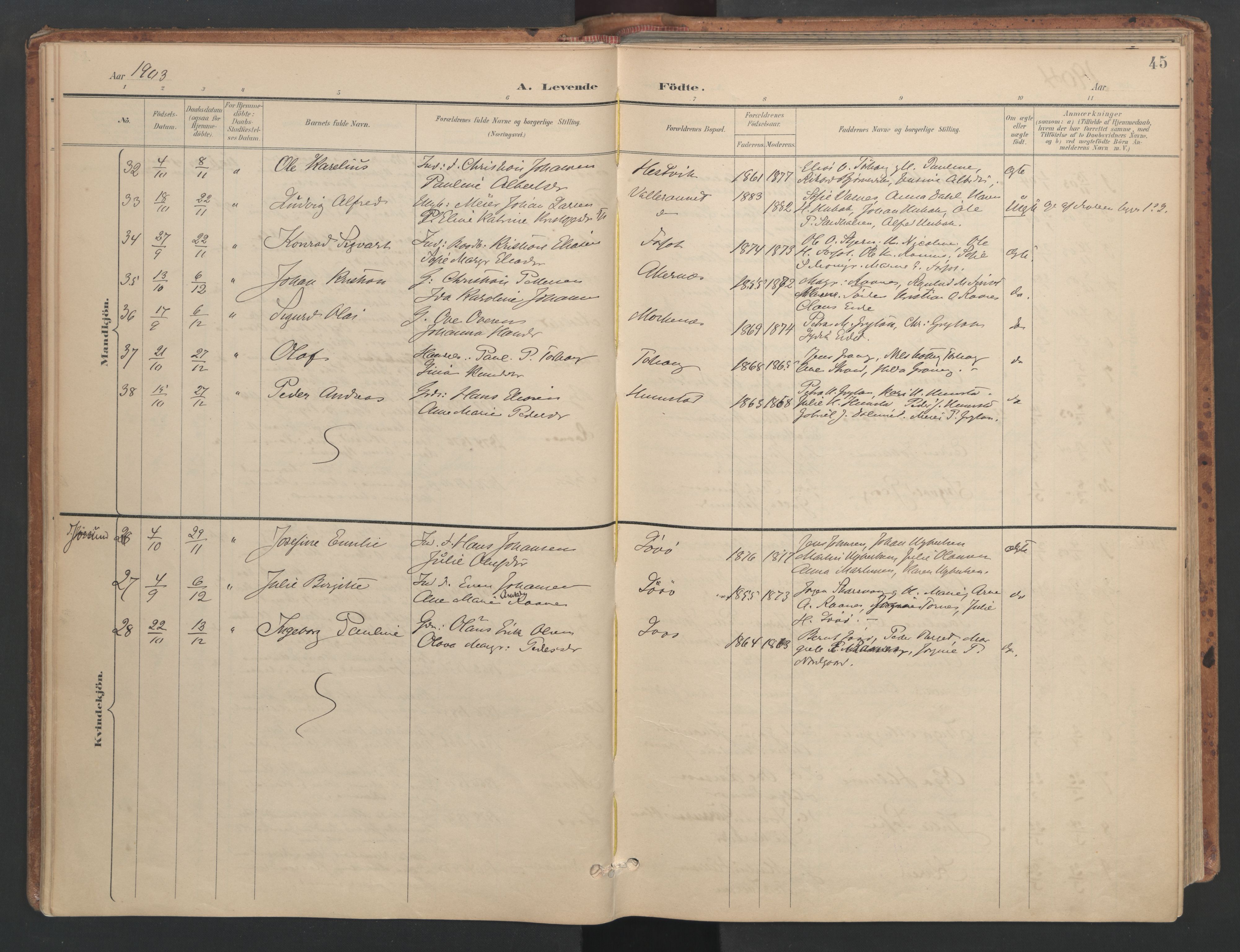 Ministerialprotokoller, klokkerbøker og fødselsregistre - Sør-Trøndelag, AV/SAT-A-1456/655/L0681: Parish register (official) no. 655A10, 1895-1907, p. 45