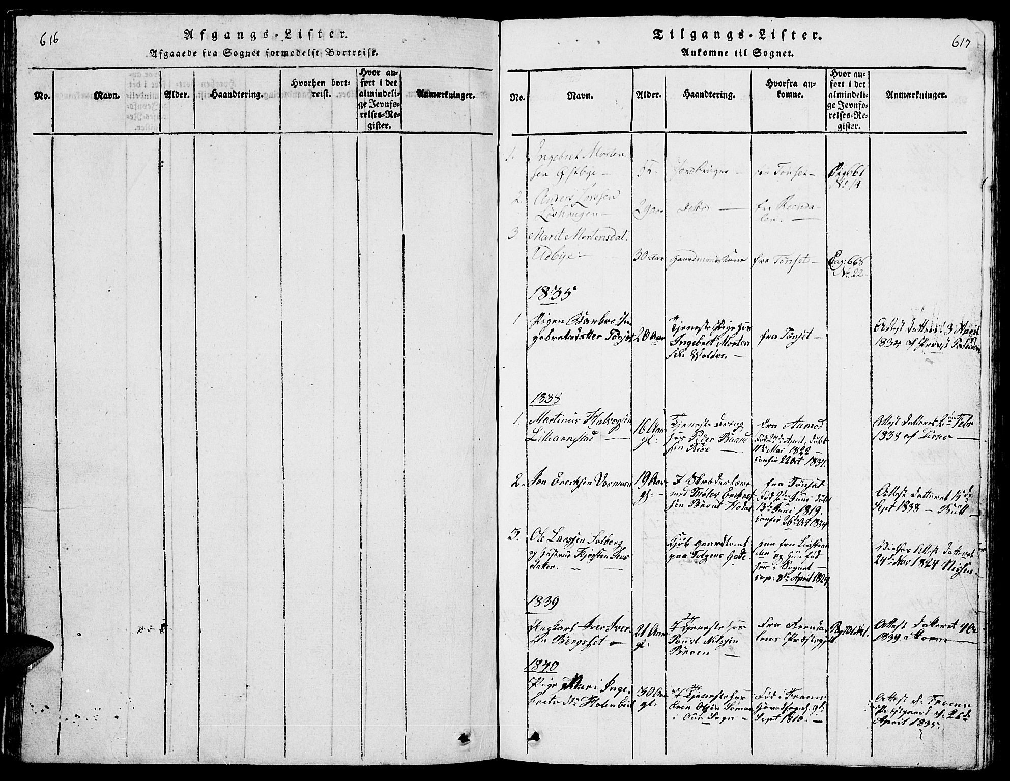 Tolga prestekontor, SAH/PREST-062/L/L0001: Parish register (copy) no. 1, 1814-1877, p. 616-617
