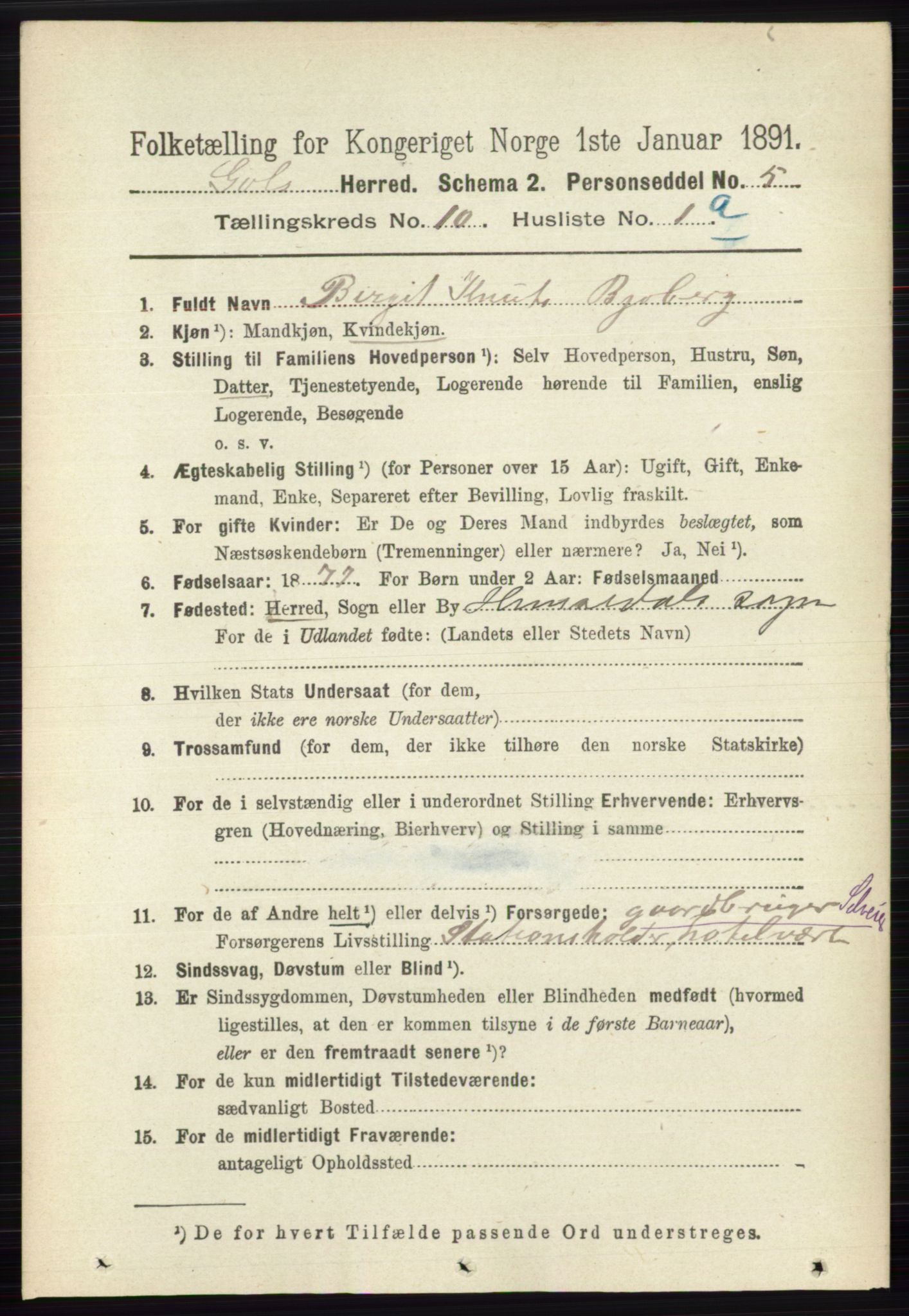 RA, 1891 census for 0617 Gol og Hemsedal, 1891, p. 4033