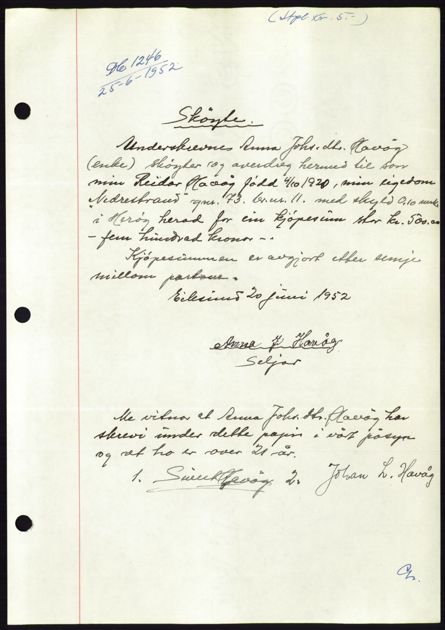 Søre Sunnmøre sorenskriveri, AV/SAT-A-4122/1/2/2C/L0092: Mortgage book no. 18A, 1952-1952, Diary no: : 1246/1952