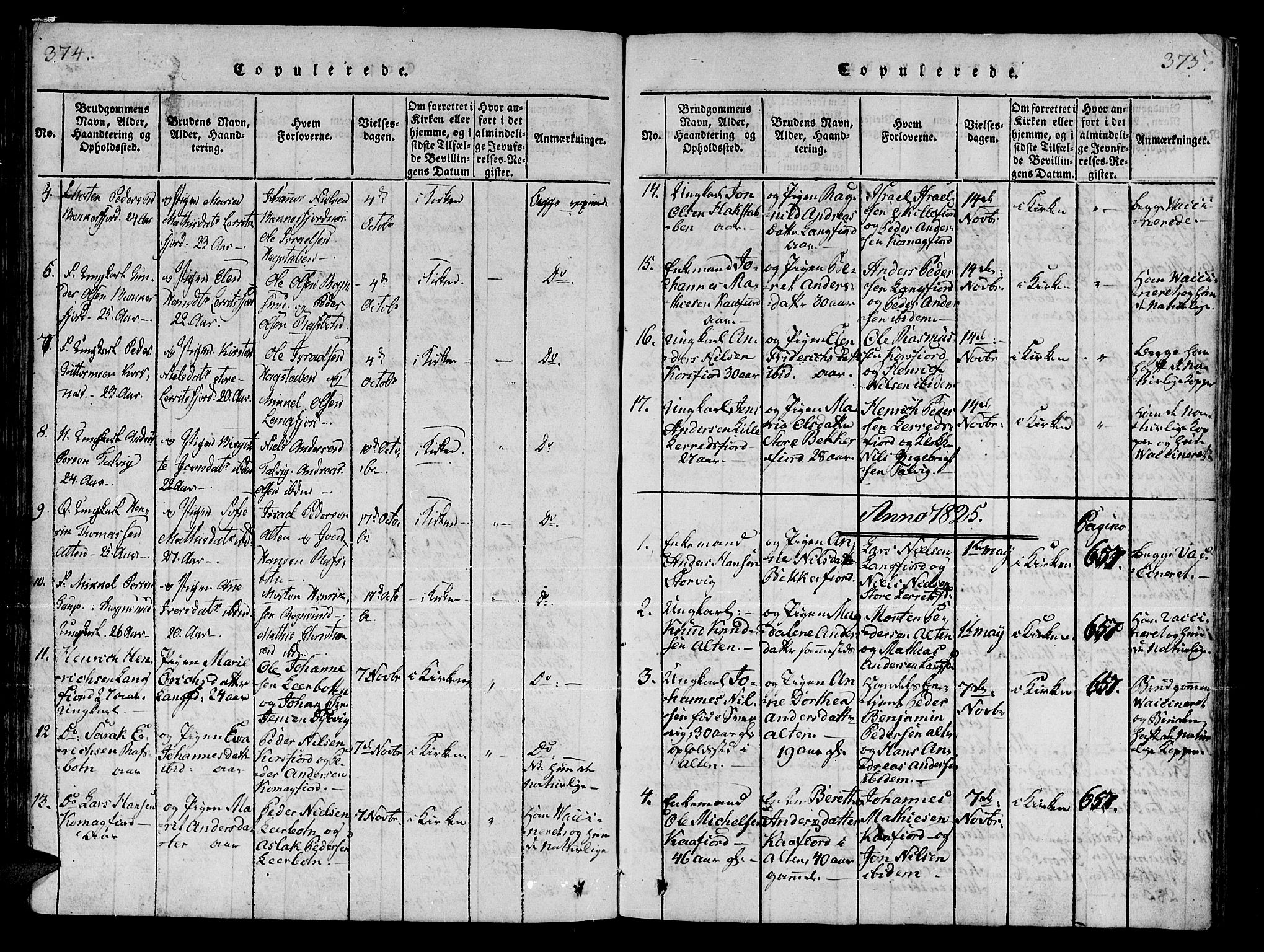 Talvik sokneprestkontor, AV/SATØ-S-1337/H/Ha/L0008kirke: Parish register (official) no. 8, 1821-1837, p. 374-375