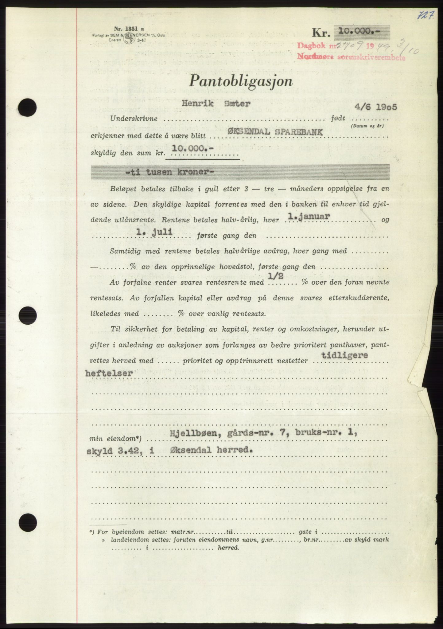 Nordmøre sorenskriveri, AV/SAT-A-4132/1/2/2Ca: Mortgage book no. B102, 1949-1949, Diary no: : 2709/1949