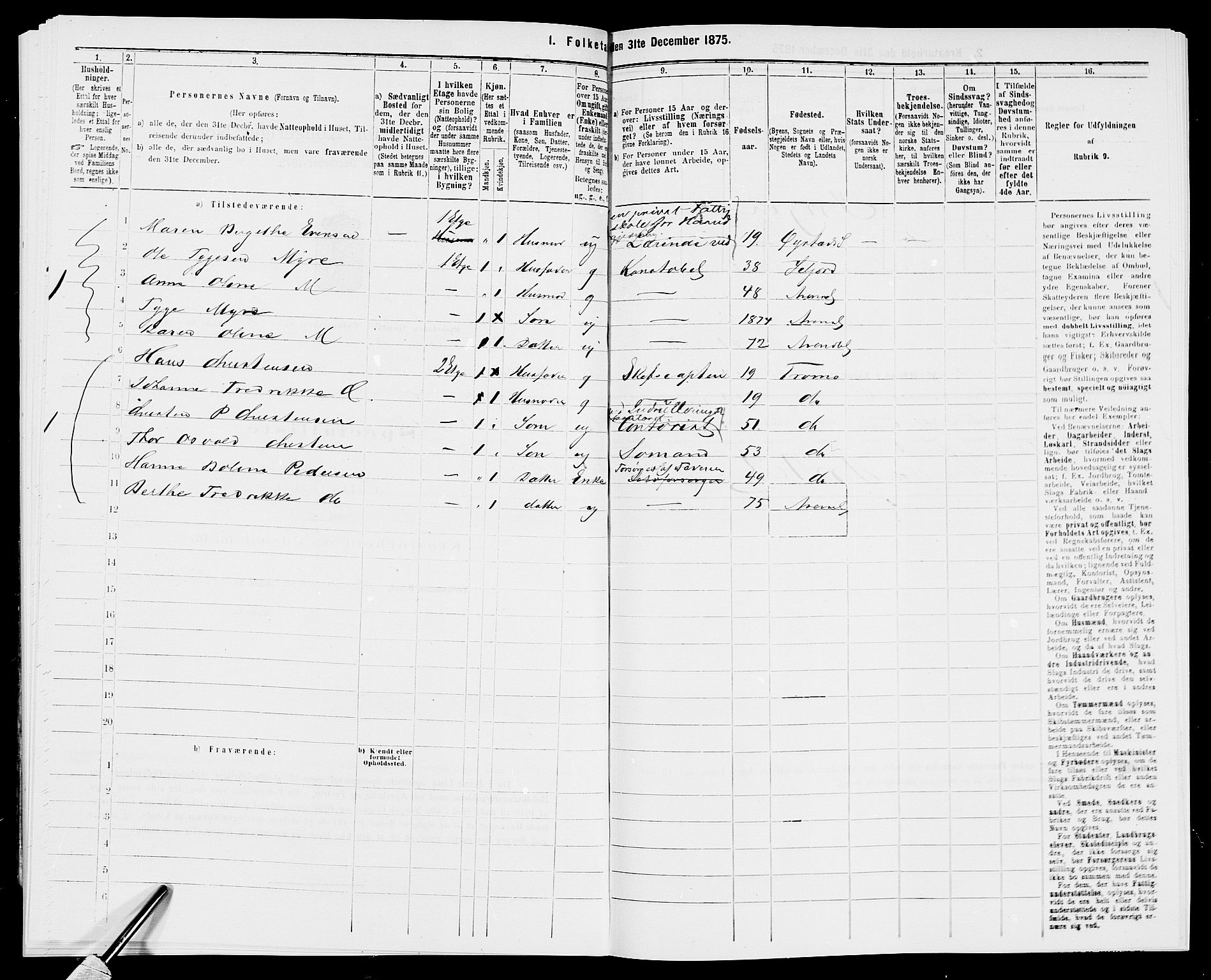 SAK, 1875 census for 0903P Arendal, 1875, p. 65