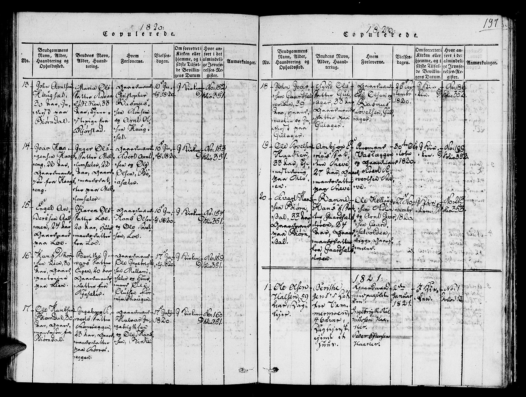 Ministerialprotokoller, klokkerbøker og fødselsregistre - Sør-Trøndelag, SAT/A-1456/678/L0895: Parish register (official) no. 678A05 /1, 1816-1821, p. 197