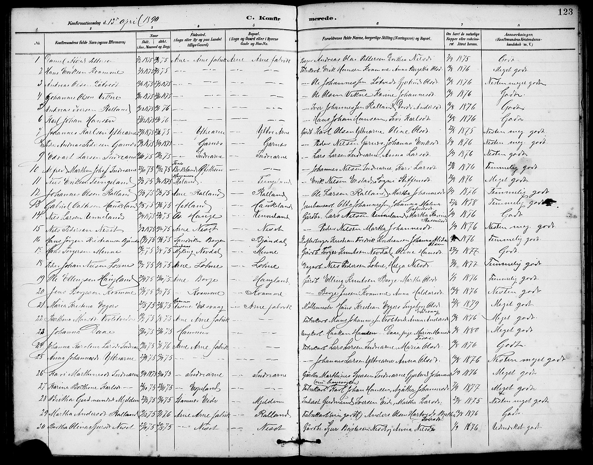 Arna Sokneprestembete, SAB/A-74001/H/Ha/Hab: Parish register (copy) no. A 3, 1887-1897, p. 123