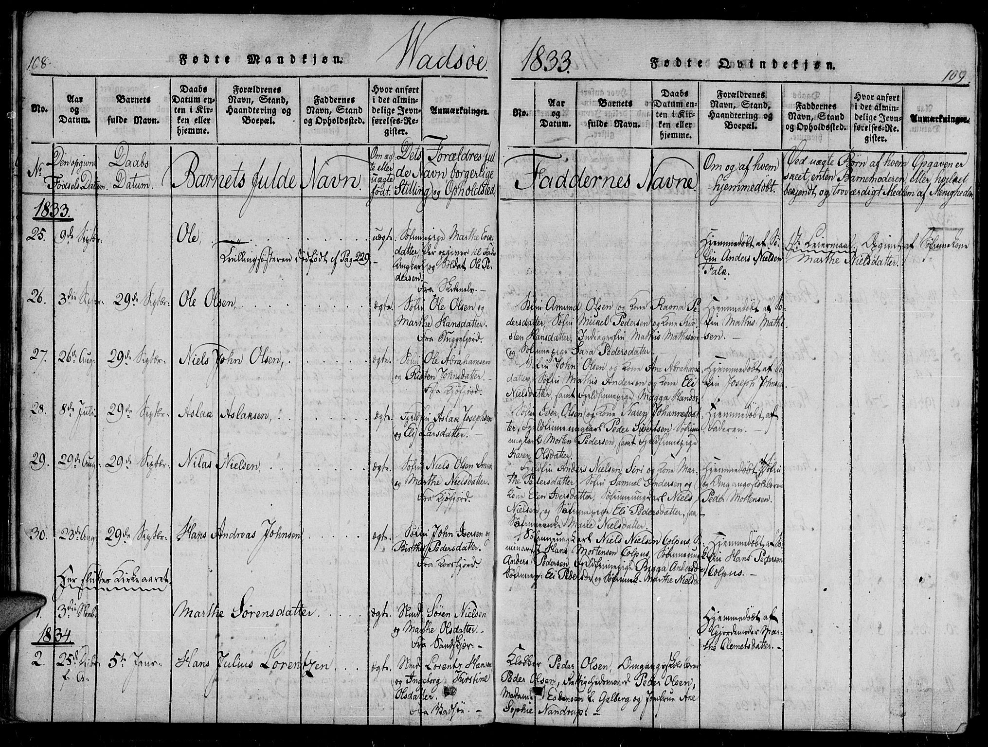 Vadsø sokneprestkontor, AV/SATØ-S-1325/H/Ha/L0003kirke: Parish register (official) no. 3 /1, 1821-1839, p. 108-109