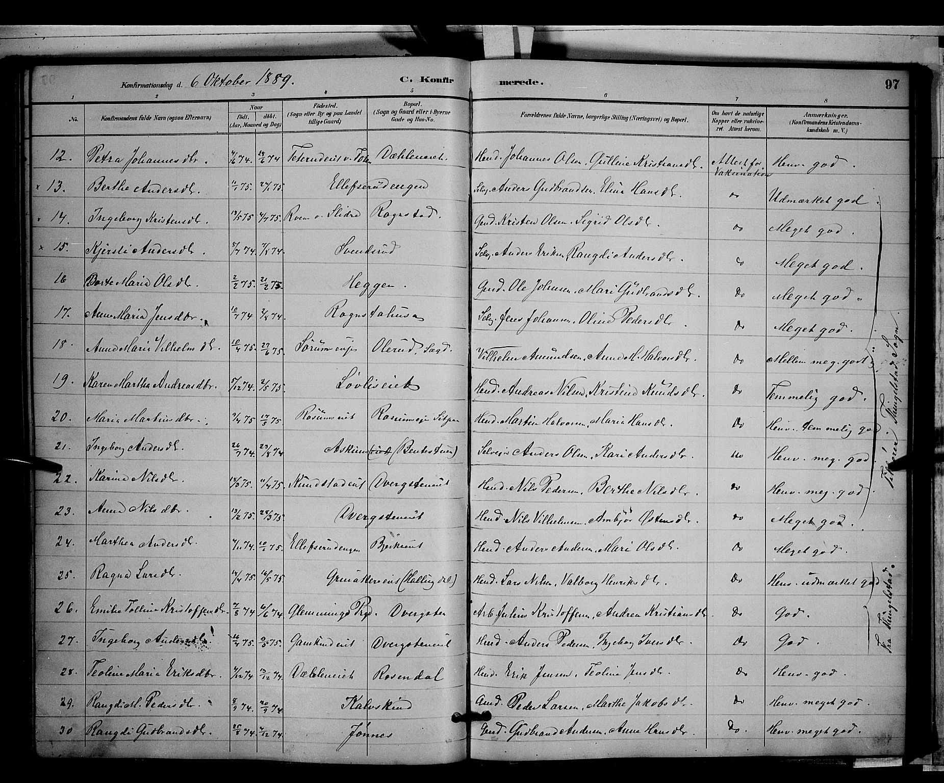 Gran prestekontor, AV/SAH-PREST-112/H/Ha/Hab/L0003: Parish register (copy) no. 3, 1882-1890, p. 97