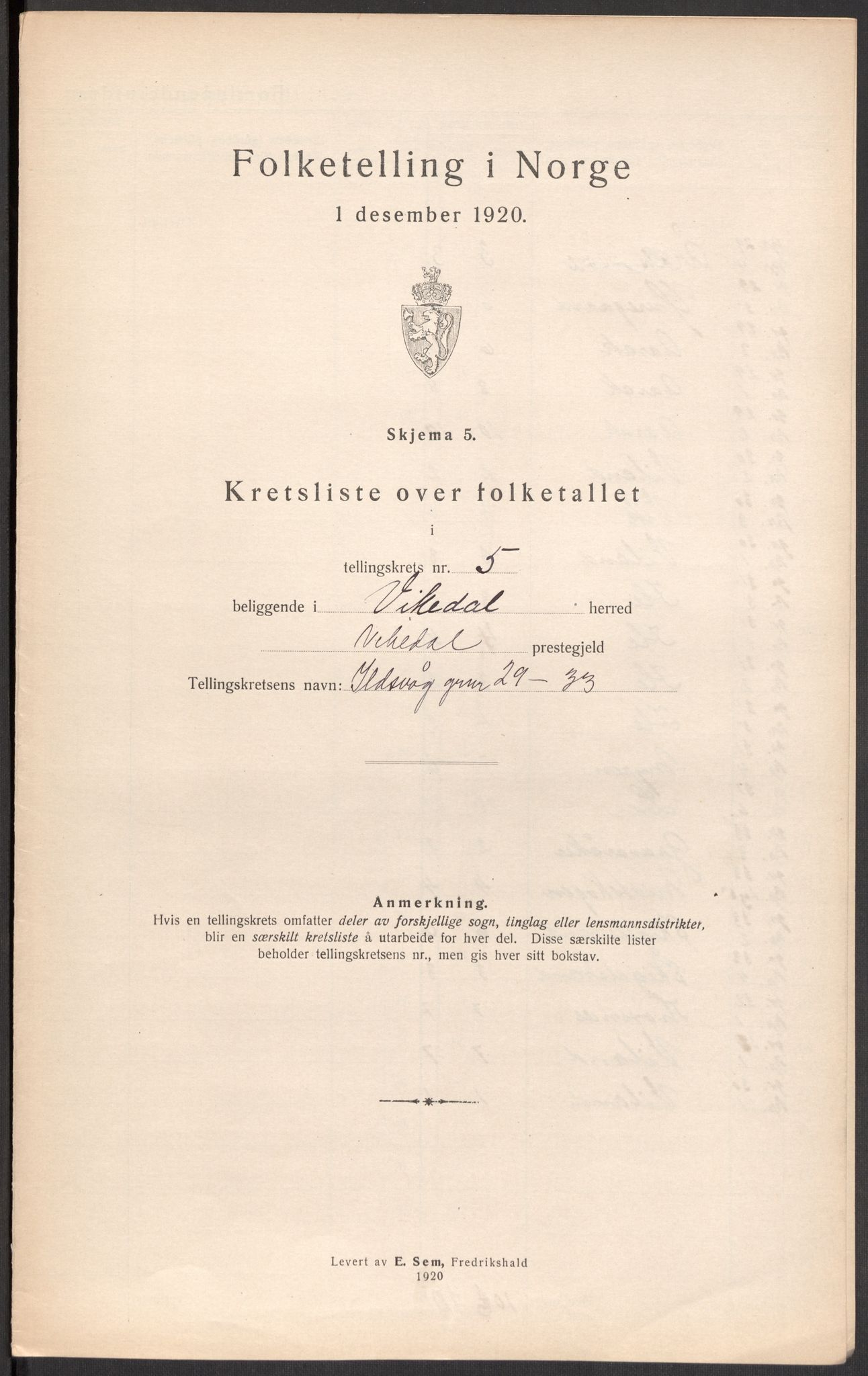 SAST, 1920 census for Vikedal, 1920, p. 84